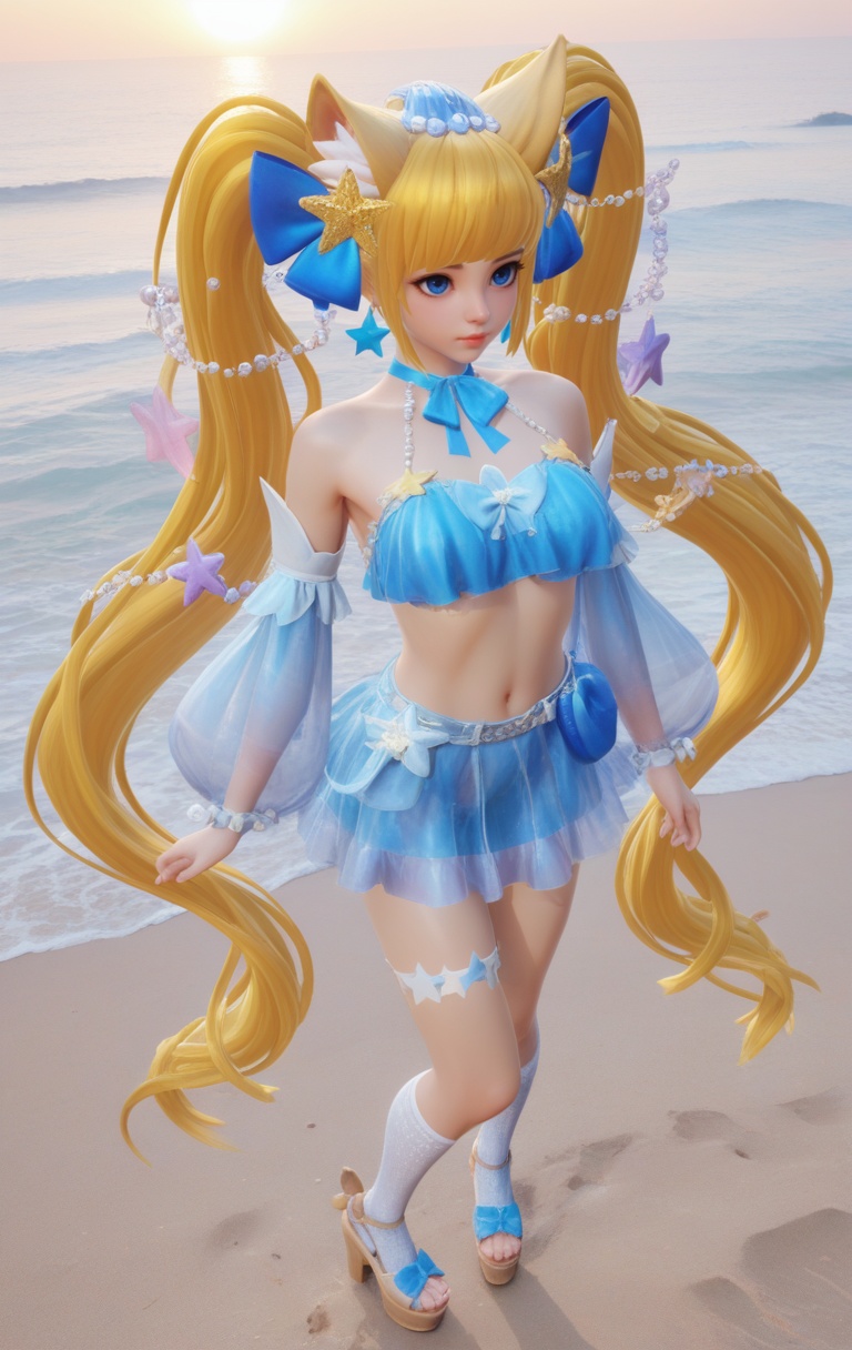 supermodel,score_8_up,score_7_up,hyperdetailed,hyperrealistic,volumetric lighting,focus on face,textured skin,eye lighting,SkinHairDetail,zPDXL,very attractive,Expressiveh,realistic skin,score_9,score_8_up,score_9,score_8_up,1 girls,high cold face,yujie,perfect round large,breasts,jewelry,beautiful eyes,detailed eyes,breast,lips,long hair,navel,jewelry,earrings,long hair,drop_shadow,light rays,sunlight,at the seaside,beach,sea water,<lora:1GM:0.8>,animal ears,bare shoulders,blonde hair,blue eyes,blue skirt,bow,breasts,closed mouth,detached sleeves,hair ornament,high heels,kneehighs,long hair,platform footwear,see-through,skirt,socks,star \(symbol\),twintails,very long hair,white socks,