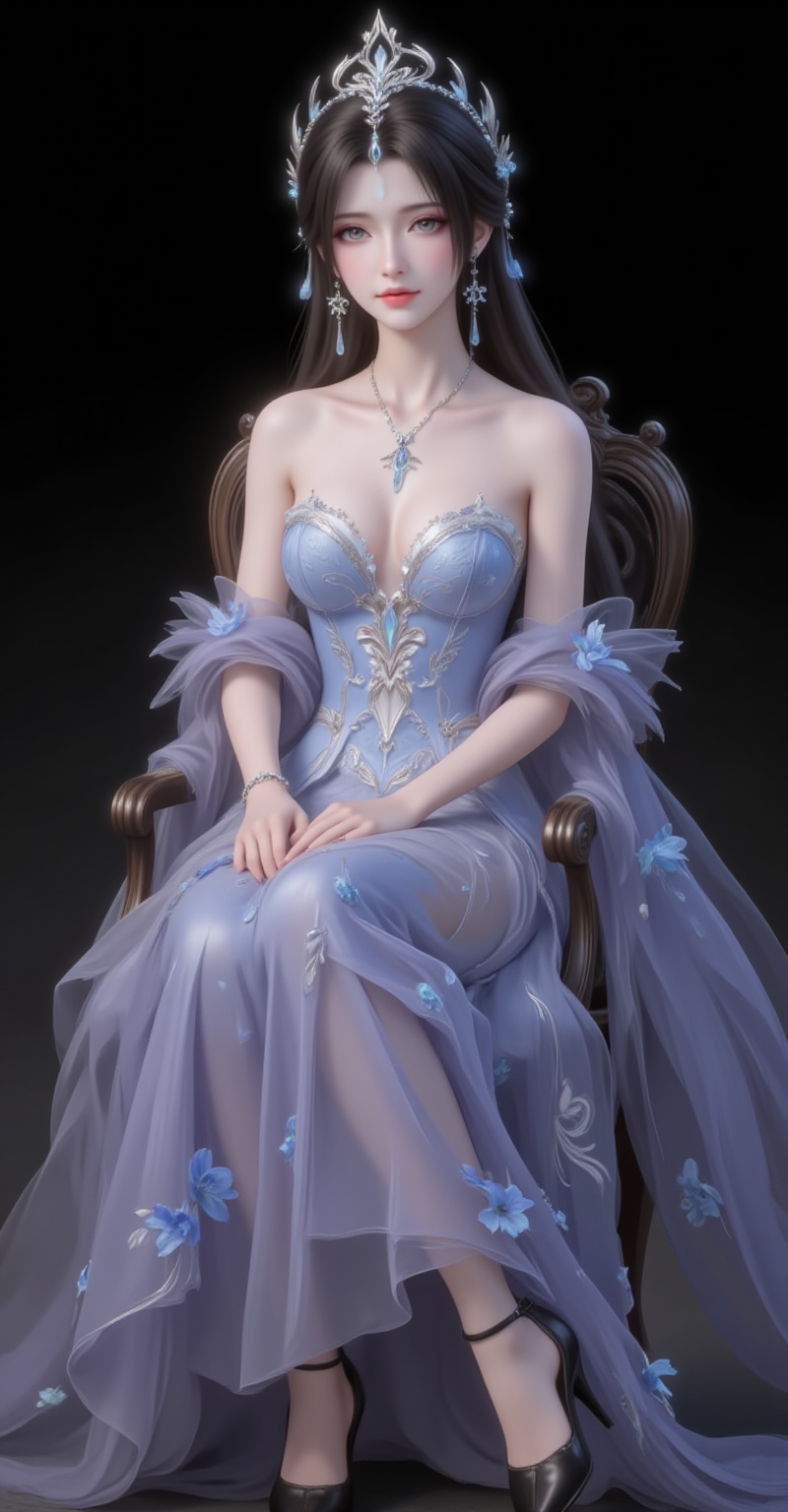 <lora:晚礼服1·人物百搭款6:1>,fuzhuang,1girl,dress,solo,bare shoulders,skirt hold,blue dress,black hair,long hair,breasts,strapless,strapless dress,flower,long dress,full body,high_heels,sitting,chair,legs,crossed_legs,black_background,simple background,cover,gradient background,close-up details,outstanding style,adding a touch of dimension to your images without compromising details,close-up,<lora:DJ滤镜_2.5D版:0.3>,lvjing,<lora:油画唯美滤镜15:0.2>,baoshi,<lora:清漪·衣服百搭款·6:1.1>,qingyi,black hair,long hair,jewelry,earrings,hair_ornament,grey eyes,crown,(large breasts:1.2),