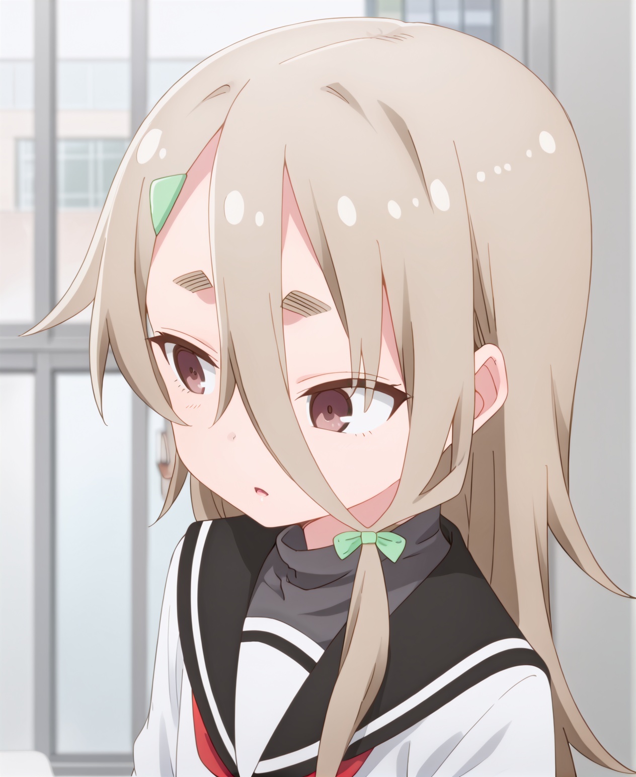 1girl,solo,long hair,brown hair,shirt,hair ornament,hair between eyes,brown eyes,school uniform,white shirt,upper body,parted lips,serafuku,hairclip,indoors,sailor collar,blurry,looking to the side,depth of field,blurry background,looking away,thick eyebrows,red neckerchief,green bow,black sailor collar,short eyebrows,<lora:pony-步步御影樱子:0.8>,