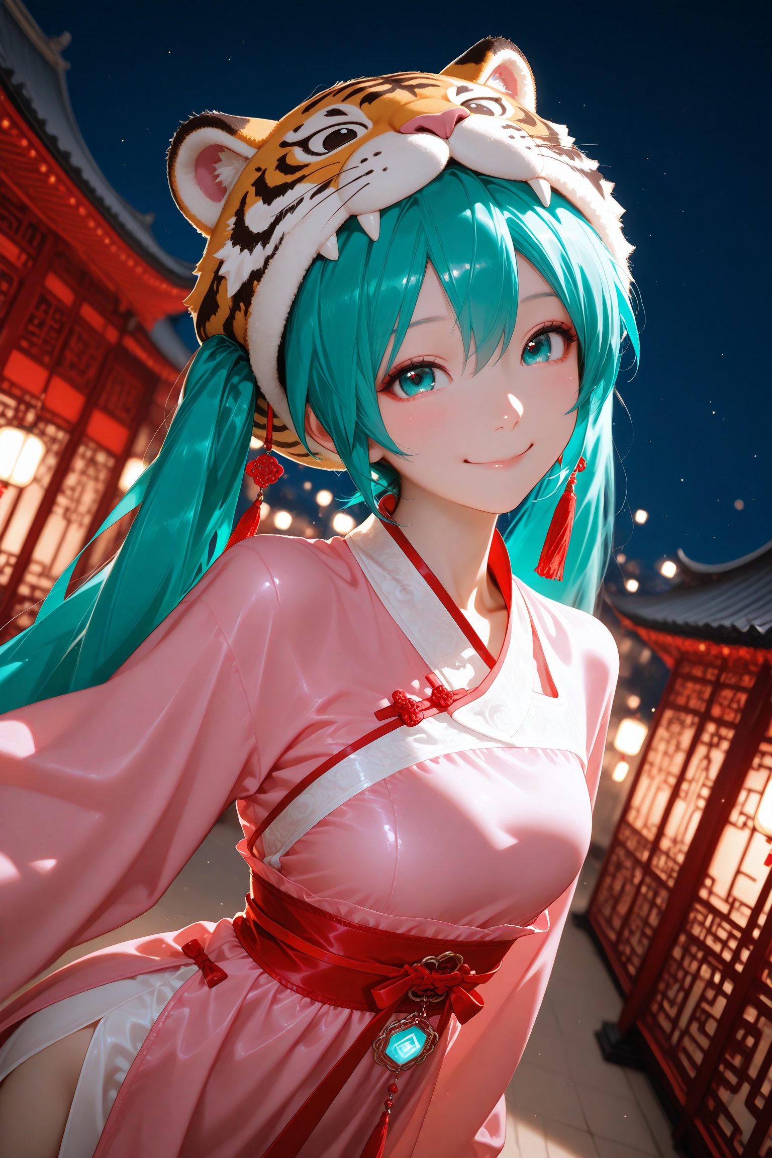chinese_new_year,chinese architecture,festive,cheerful picture,it's refreshing,tiger hat,hanfu,china dress,point to the sky,happy smile,night,real light and shadow effect,ray tracing,face focus,Hatsune Miku,extreme aesthetic,in the style of fashion photography,light particles,Visual impact,sharp focus,Emotionalization,depth of field,dynamic pose,dutch angle,
