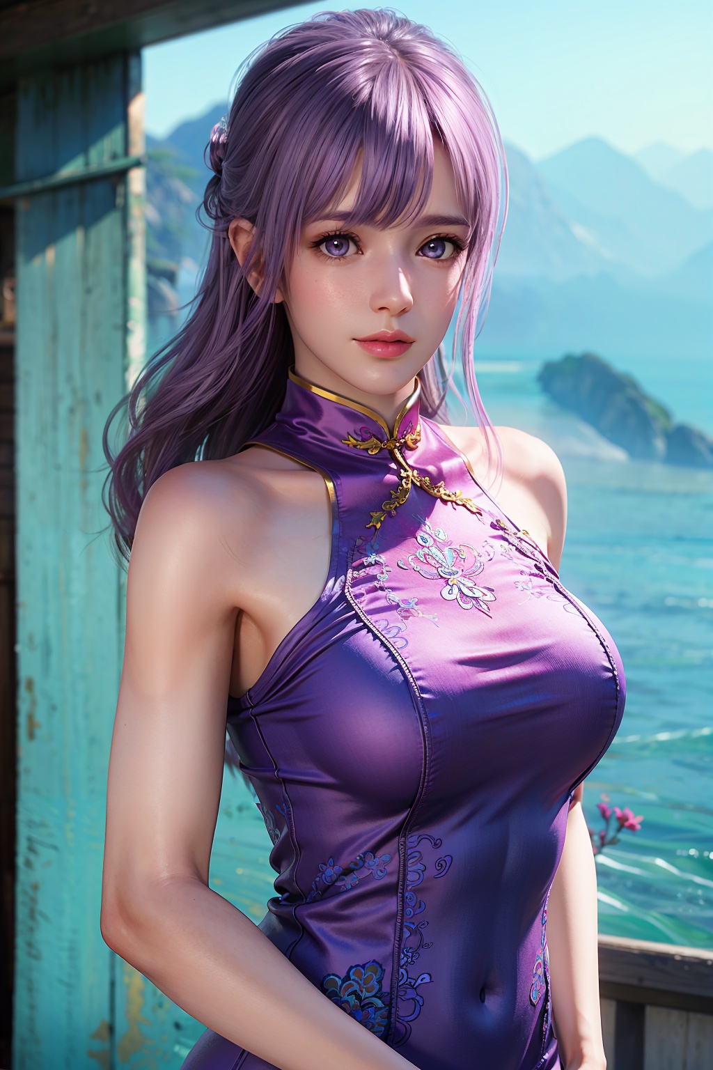 fiona,looking at viewer,1girl,simple background,large breasts,(bust:1.2),solo,closed mouth,front view,Best quality,masterpiece,ultra high res,realistic,photorealistic,<lora:fionaface1r-000005:0.75>,china dress,cheongsam,<lora:add_detail:0.3>,gradient,