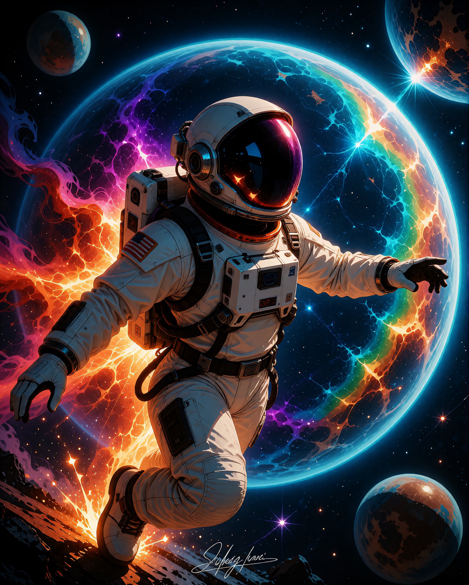 A digital illustration of a spaceman in outer space,  with a vibrant,  rainbow-colored nebula surrounding a large on Tenso...