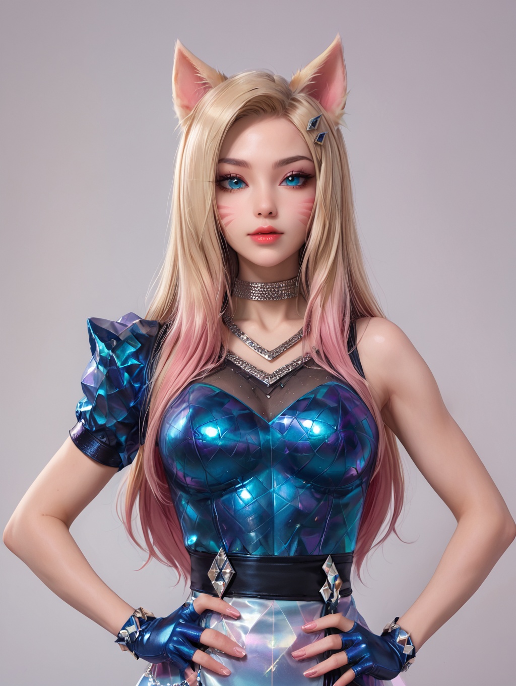1girl, k/Da (league of legends), ahri, (official k/da), (league of legends), blonde pink hair, fox ears, k/da two-tone outfit, shoulder armor, <lora:AhriPonyV1:0.6>looking at viewer, hands on hip,
