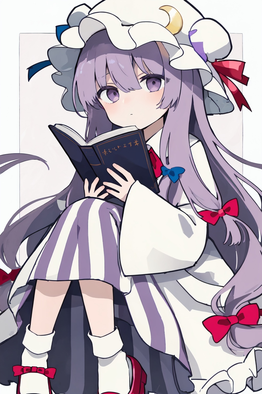 1girl, patchouli knowledge, solo, long hair, hat, bow, mob cap, book, blue bow, dress, purple hair, crescent, purple eyes, hair bow, crescent hat ornament, hat ornament, red bow, striped dress, long sleeves, holding book, ribbon, bangs, striped, holding, closed mouth, looking at viewer, very long hair, red ribbon, white footwear, white headwear, blue ribbon, pink bow, wide sleeves, frills, expressionless, white dress, hat ribbon, hair between eyes, open book, chibi, so-style
