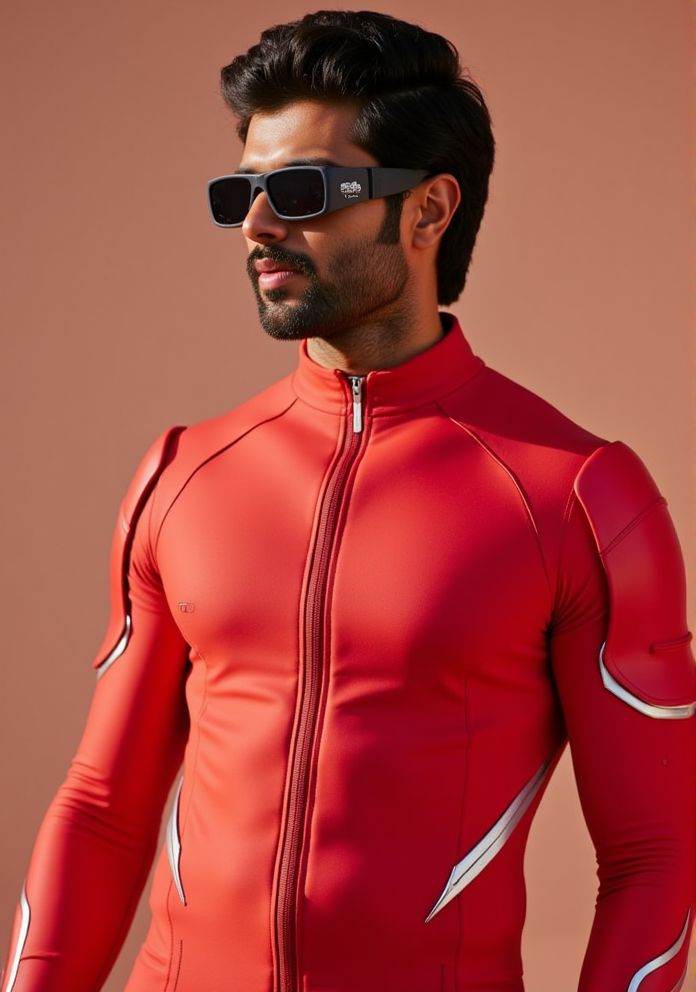 Vijay Devarakonda ,  Hi-res photo. He wears futuristic electronic glasses. He is wearing a light red,  close fitting fligh...