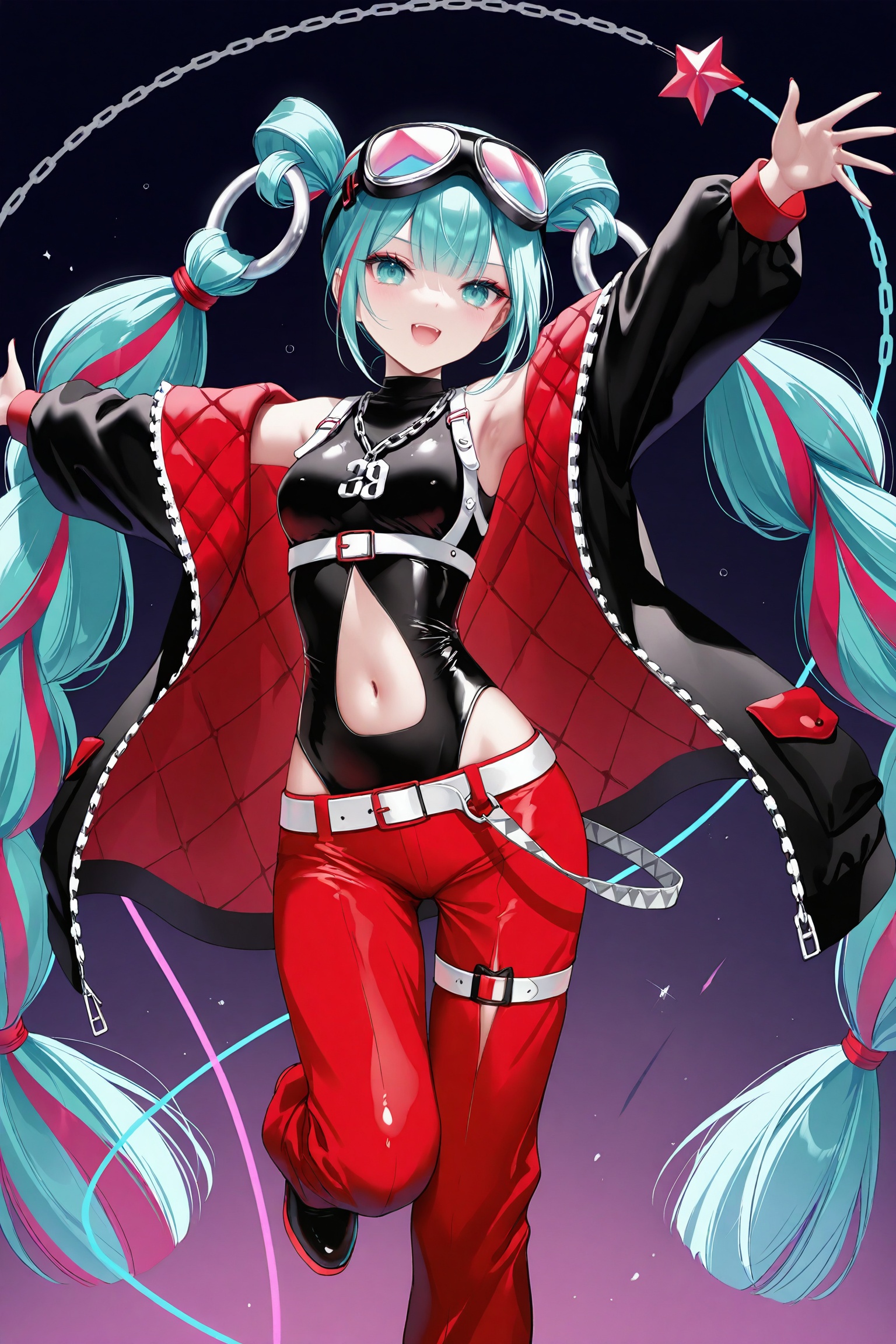 masterpiece,best quality,newest,absurdres,highres,soft shadows,photorealistic,(chen bin:0.5),(hiten \(hitenkei\):0.4),(rimuu:0.5),(mignon:0.5),(sheya:0.6),<lora:MMM2023XLNAI:1>,magical mirai miku \(2023\),multicolored hair,goggles on head,open jacket,chain,navel cutout,red pants,outstretched arms,