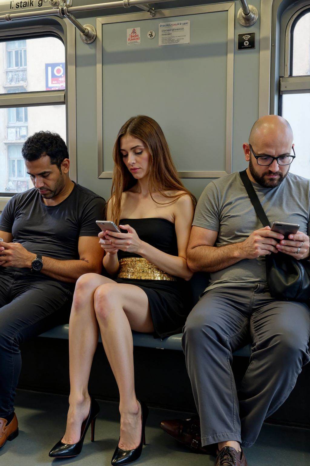 The image captures a diverse group of individuals seated on the train,all engrossed in their smartphones. The central figure is a young woman with a fair complexion,long brown hair,and a slender physique. She is dressed in a strapless,black,knee-length dress with a wide,gold belt cinched at the waist,which accentuates her small bust and slender frame. Her legs are crossed,and she is wearing black high-heeled shoes. She is holding her smartphone in both hands,her expression focused and slightly pensive. To her right,a bald man with glasses and a fair complexion is dressed in a grey T-shirt and dark pants. He also holds a smartphone and has a black bag slung over his shoulder. To her left,a man with a medium complexion and short hair is dressed in a dark shirt and pants,also holding a smartphone. The subway car has a modern,clean design with grey and white tones,and the windows are large,allowing natural light to filter in. The seats are grey,and the overhead handrails are metallic. Posters and advertisements are visible on the walls,adding to the urban atmosphere.