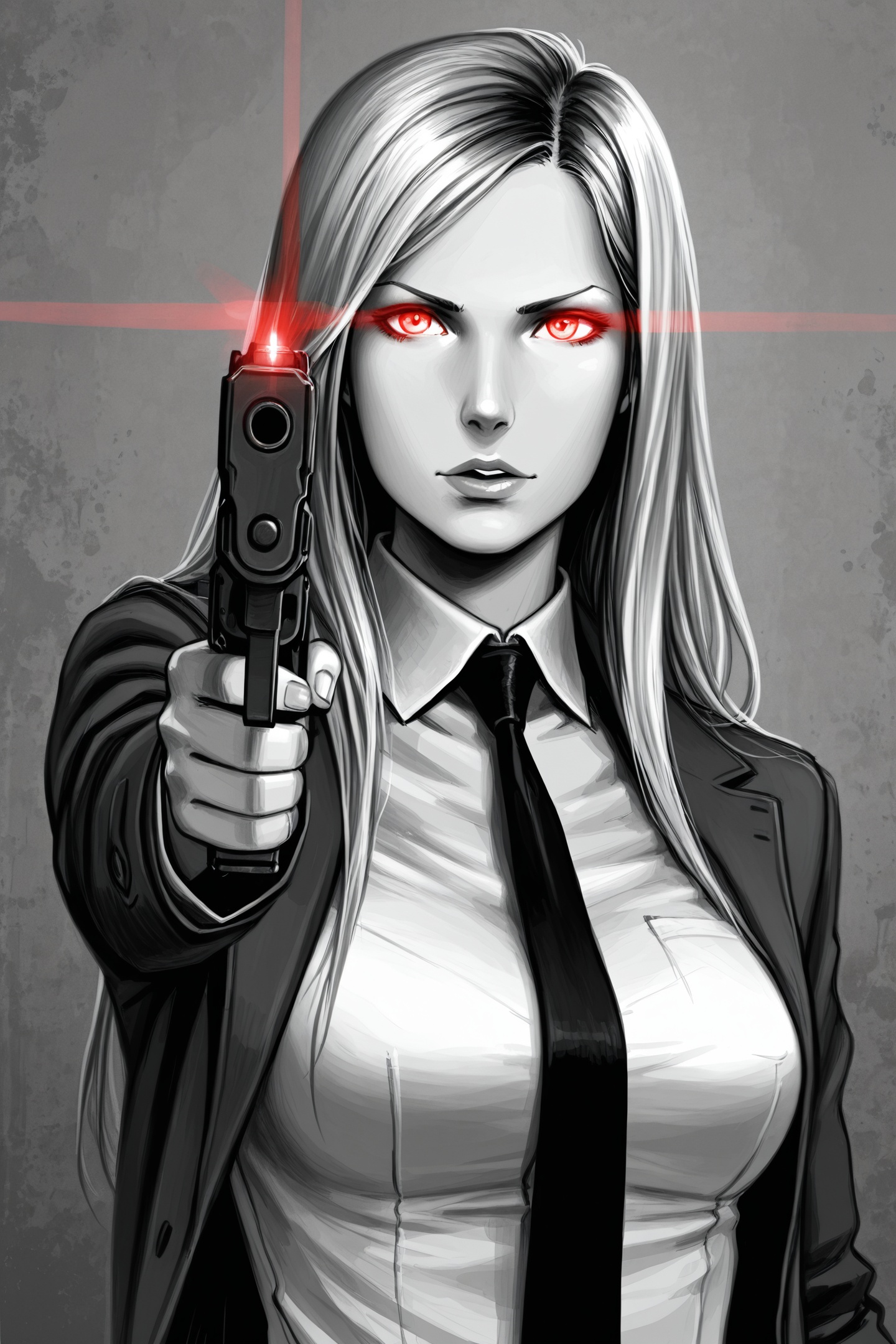 ami thompson Style Type-II,1girl,solo,gun,spot color,monochrome,handgun,glowing,breasts,long hair,lips,greyscale,necktie,<lora:ami thompson_illustriousXL:1>,