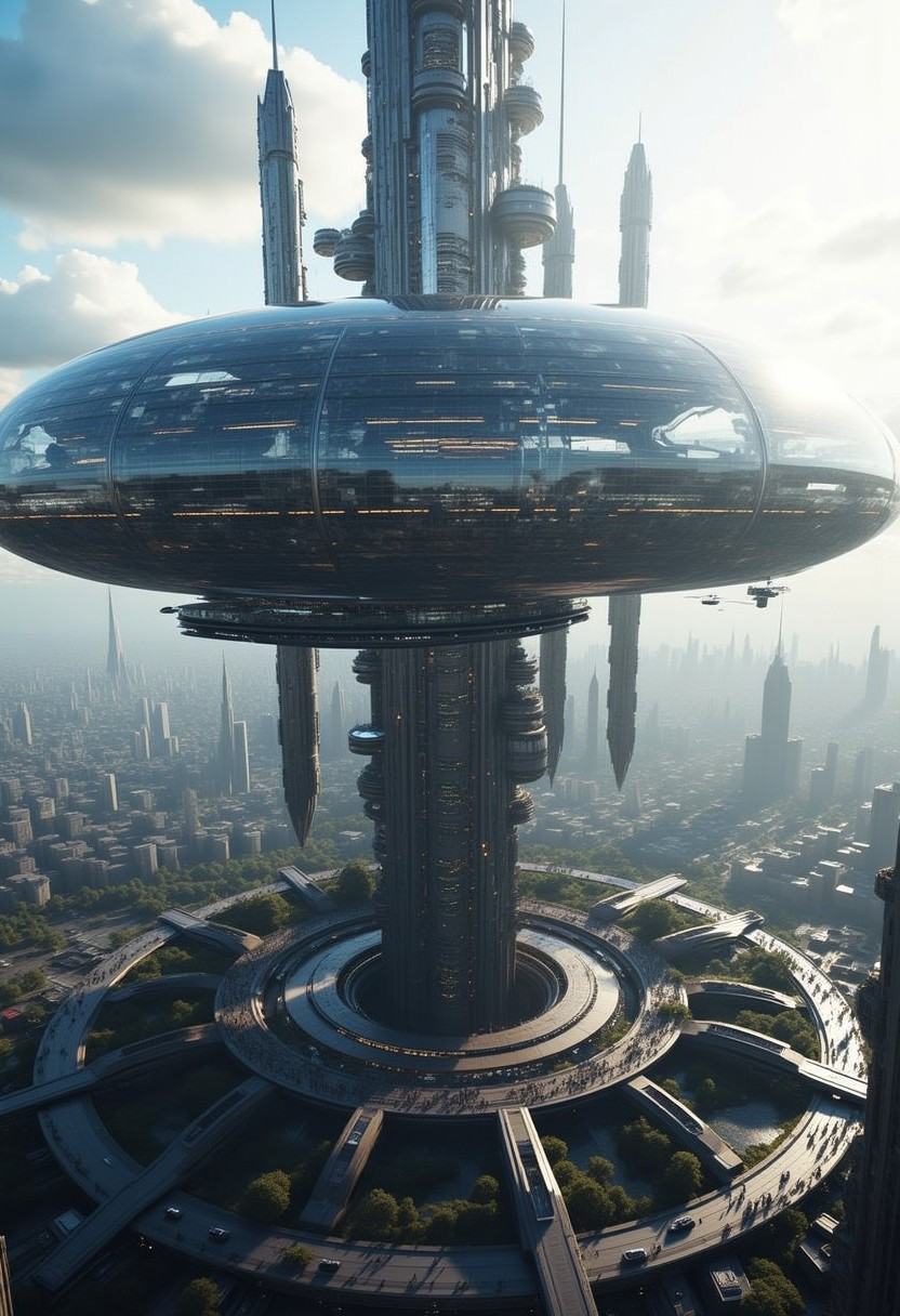 A new type of flying ship for sightseeing in the city of the future, Residents live in a sizable number of glass bubble capsules,The alien colonial cities of the future look like towering ant nests built in Halfway underground in the Grand Canyon, glass dome, communications spire landmark, aircraft terminal, aerial mass transportation,((The steel tower in the imperial capital of Star Wars, the Rubik's Cube and Golden Tower of the corporate headquarters in Blade Runner, The floating kingdom of Hayao Miyazaki's Castle in the Sky, the catacombs of Paris are full of skulls, Famous British architect Dream Detective)),(futuristic:1.2), a huge military factory made of steel, glass, fog, sun, in the clouds, , futuristic military planes, moody tones, (real landscape:1.1), (blurred background:1.0), [buildings|vehicle|Crowd|buildings|trees|buildings|trees|vehicle|Crowd:0.7], (background, more_details:0.3) great lighting, futureurbanday