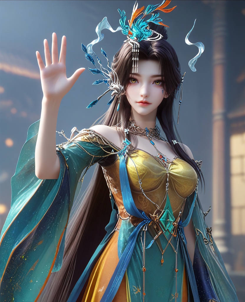 (waving:1.1),(large breasts:1.2),<lora:XL16云深不知梦羲和风华服:0.95>,miss xihe,orange dress with blue train,yellow eyes,facial mark,black hair,absurdly long hair,traditional chinese updo with long front strands,hair ornament,jewelry,sash,blue sheer overskirt,cerulean wide flowing sleeves,, score_9,score_8_up,score_7_up,score_6_up,score_5_up,score_4_up,3d rendering,tag1,tag2, Cinematic Lighting,backlighting,