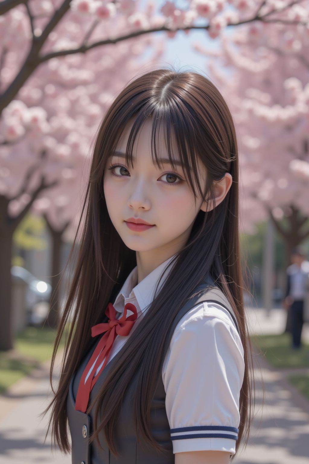 HDR photo of cinematic film still, 1girl,school uniform,skirt,smirk,solo,long hair,looking at viewer,peach tree,peach blossom,petals,closed mouth,