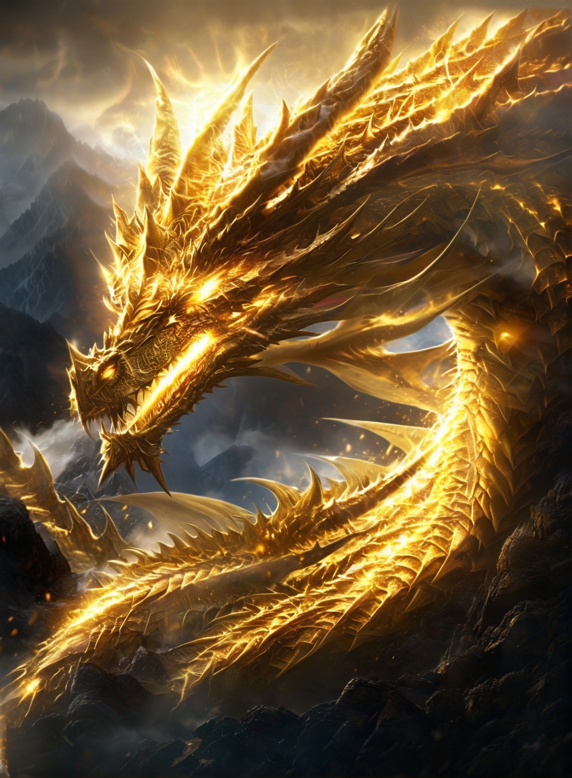 a majestic, golden dragon with intricate scales and sharp, menacing features. The dragon's eyes are glowing with an intense, fiery light, and it appears to be emerging from a misty, mountainous terrain. The dragon's scales are adorned with golden patterns, and its mouth is open, revealing sharp teeth. The overall ambiance of the image is dramatic and awe-inspiring, with the dragon seemingly emerging as a powerful and formidable force<lora:KING Gardon-000010:1>
