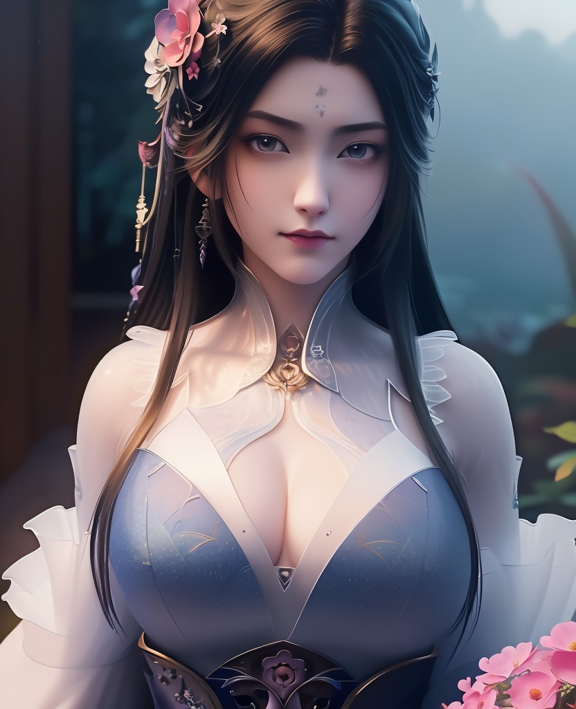 <lora:706-DA-诛仙-陆雪琪-新装束:0.8>(,1girl, ,best quality, ),looking at viewer,,anime,(masterpiece, top quality, best quality, official art, beautiful and aesthetic:1.2), (1girl)	, , (cleavage),extreme detailed,(fractal art:1.3),colorful, flowers ,highest detailed,(by Jeremy Lipking)    (cleavage), (),