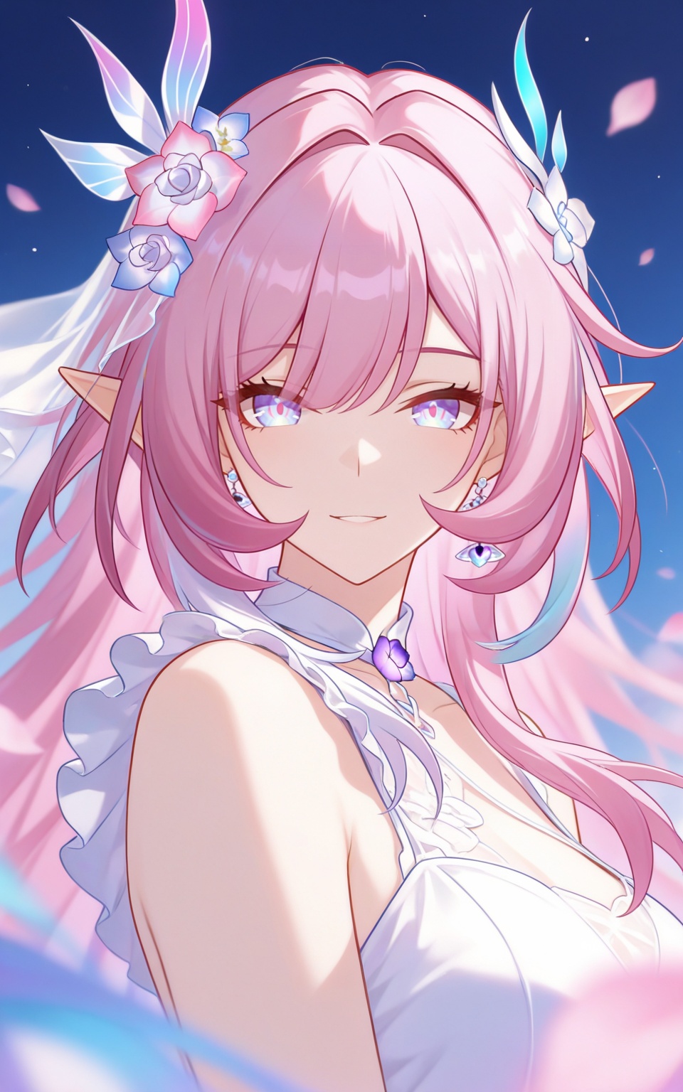 depth of field,masterpiece,best quality,very aesthetic,alternate costume,alternate costume,2024,2023,perfect composition,ultra-detailed,extreme aesthetic,masterpiece,best quality,good quality,newest,year 2024,year 2023,very aesthetic,absurdres,looking_at_viewer,colorful,long hair,multicolored hair,gradient hair,streaked hair,upper_body,<lora:大昔涟·衣服百搭款ILL:0.8>,elysia \(honkai impact\),pink hair,long hair,pointy_ears,pink eyes,multicolored eyes,purple eyes,hair ornament,pink flower,hair flower,earrings,jewelry,