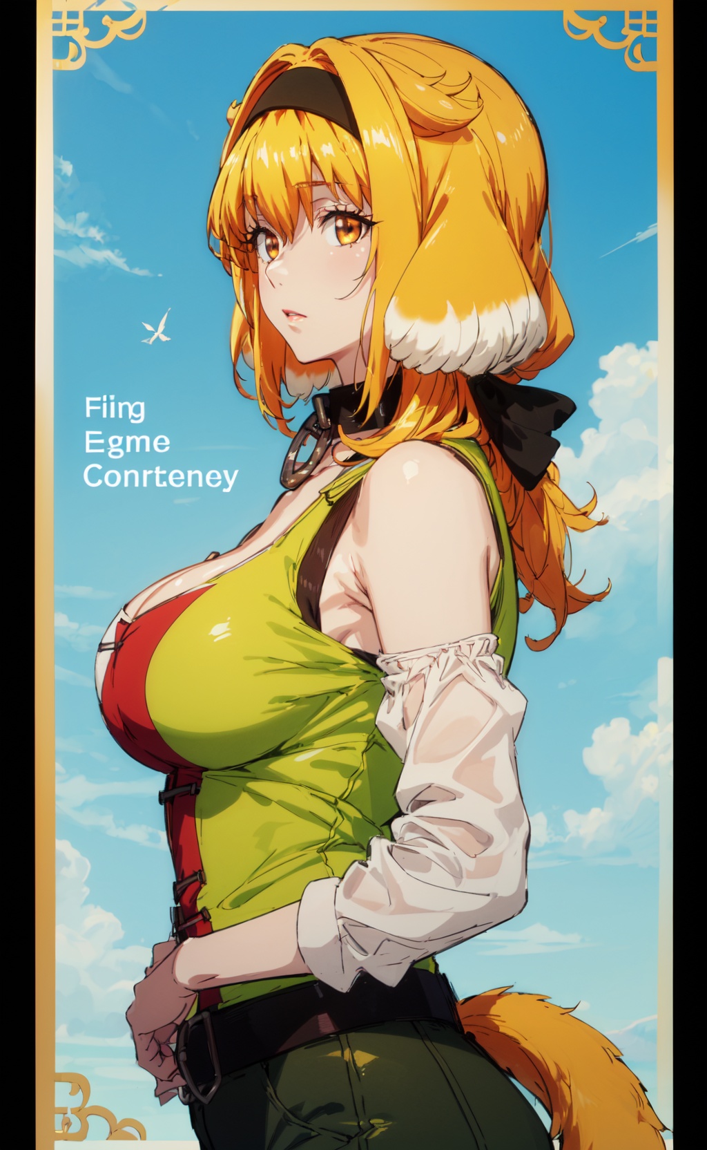 <lora:Roxane-000010:0.8>,Roxane CYQL,1girl,solo,looking at viewer,dog girl,blonde hair,orange hair,short hair,hairband,black hairband,hair between eyes,dog ears,animal ears,floppy ears,brown eyes,collar,black collar,large breasts,tail,dog tail,bare shoulders,cleavage,shirt,vest,green vest,detached sleeves,belt,pants,green pants,(bored:1.2),beautiful face,beautiful eyes,glossy skin,shiny skin,(upper_body,from_side,lying:1.2),hands on hips,Buddhist monastery, Vegetarian banquet, Noontime, Meditation, Community,narcissu,beautiful detailed sky,beautiful detailed glow,(English text:1.3),(border:1.5),posing in front of a colorful and dynamic background,(masterpiece, best quality, beautiful and aesthetic:1.3),contrapposto,female focus,fine fabric emphasis,wallpaper,fashion,Lipstick,depth of field,intricate_detail,finely_detailed,fine_fabric_emphasis,(glossy),<lora:增强减少细节add_detail:0.4>,