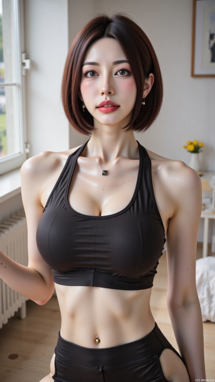 girl,girl,girl,Yoga clothes beautiful woman,76hao,photographs,realistic,masterpiece,high quality,Yoga outfit,beautiful woman,half-body shot,black yoga outfit,short hair,mature woman,large chest,smile,frontal shot,close-up,ultra-clear,photography level gym,76hao,Yoga clothes beautiful woman,