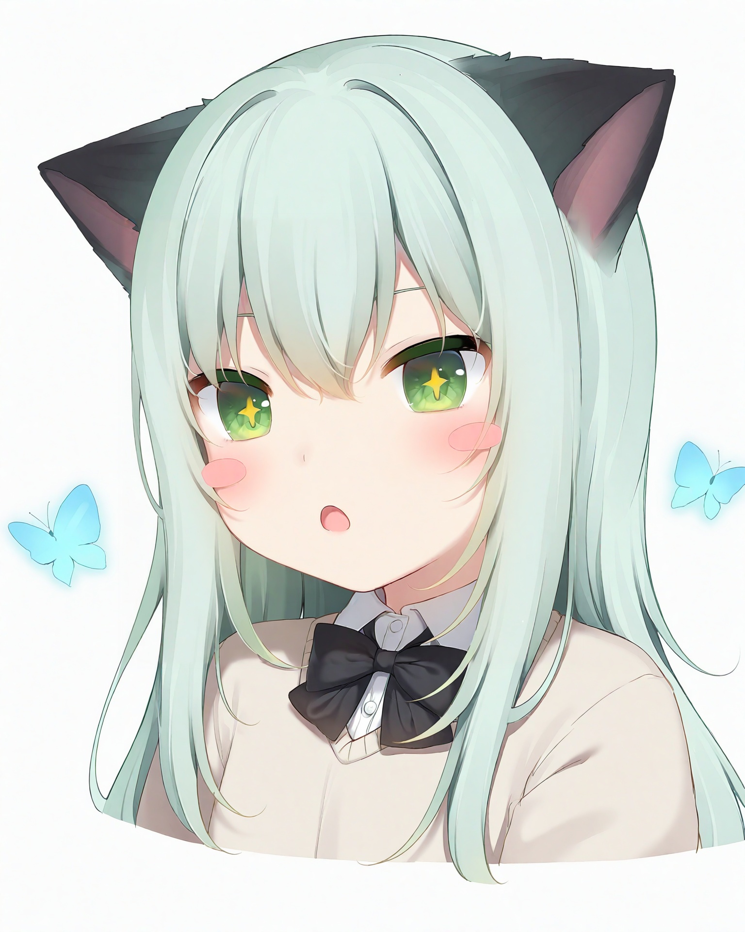 Best-A, amashiro_natsuki, (suichan_\(amashiro_natsuki\):1.1) , 1girl, solo, animal_ears, green_eyes, long_hair, white_background, open_mouth, green_hair, blush_stickers, bow, simple_background, shirt, upper_body, butterfly, cat_ears, white_shirt, looking_at_viewer, bug, bowtie, +_+, collared_shirt, :o, black_bow, cropped_torso, hair_between_eyes, sweater, blush, black_bowtie,paw_in_eyes