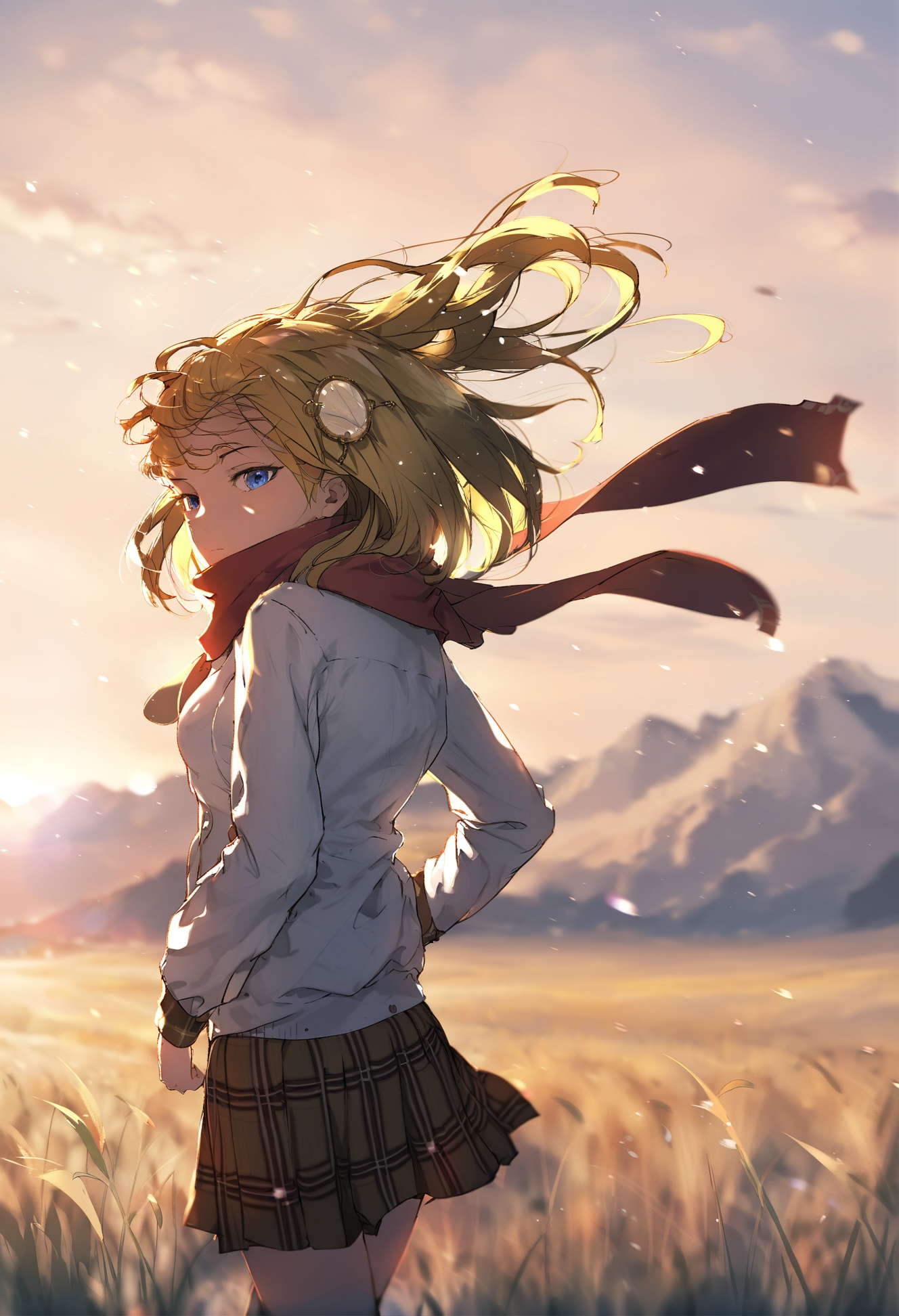 masterpiece, best quality,1girl, watson amelia,  solo, blue eyes, blonde hair, skirt, looking at viewer, virtual youtuber, field, plaid skirt, scarf, outdoors, floating hair, plaid, grass, shirt, white shirt, blurry, wind, red scarf, sky, long sleeves, looking back, mountainous horizon, blurry background, from behind, hair ornament, nature, hands up, closed mouth, standing, yellow sky, sunset, medium hair, yellow scarf <lora:DInoballXLlokr8f-000185:0.95>