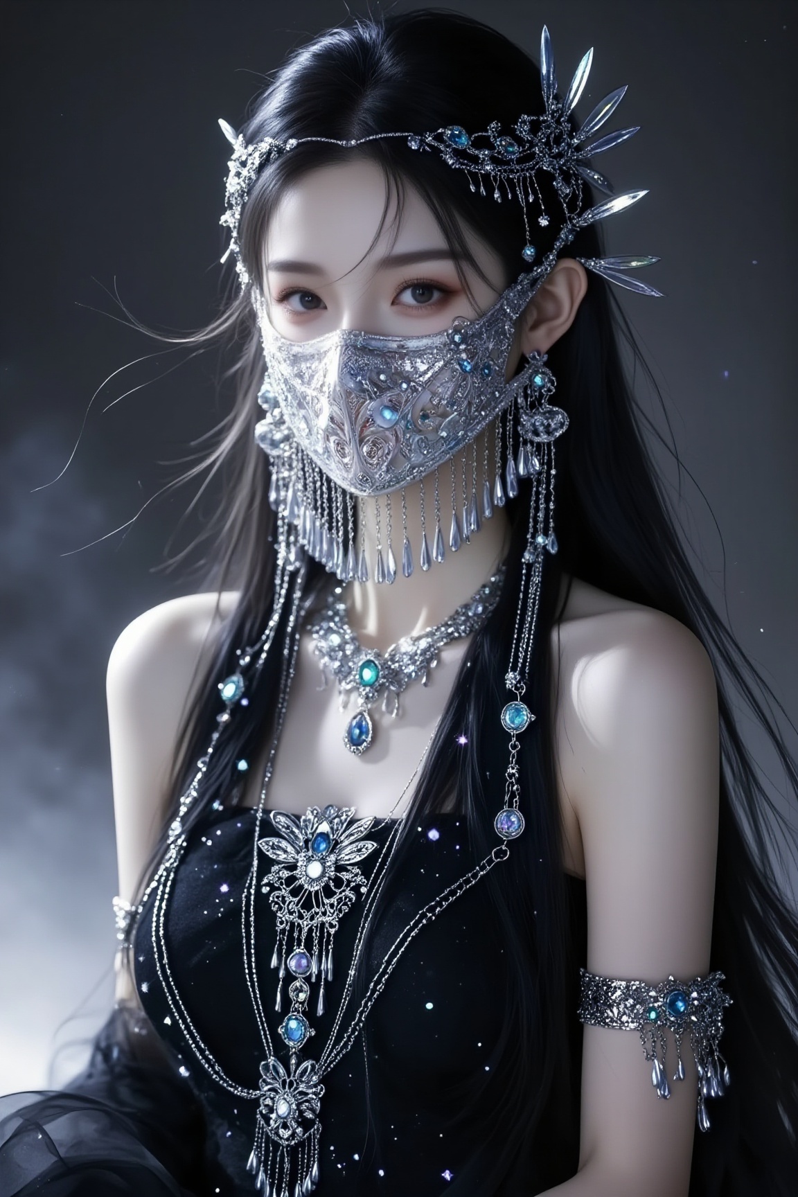<lora:YY-拽姐F.1:1>,a young woman with an ethereal, otherworldly appearance. She has a fair, porcelain skin complexion with a delicate, almost translucent quality. Her long, straight black hair cascades down her back, adorned with intricate silver ornaments that resemble delicate feathers. She wears a stunning, ornate silver mask that covers her entire face, with intricate patterns and sparkling gemstones that catch the light. Her eyes, partially visible through the mask, are almond-shaped and a striking light brown, adding to her mysterious allure.Her attire is equally striking, consisting of a sleeveless, high-necked black gown with silver embellishments that sparkle like stars. The dress is adorned with silver chains and delicate, beaded tassels, giving it a celestial, fairy-like appearance. She also wears a matching silver arm cuff and a necklace with a large pendant that hangs low, accentuating her slender neck.The background is a gradient of dark to light gray, with a soft, ethereal glow that highlights her ethereal beauty. The overall effect is one of elegance, mystery, and otherworldliness, with a surreal, dreamlike quality that evokes a sense of enchantment and wonder.
