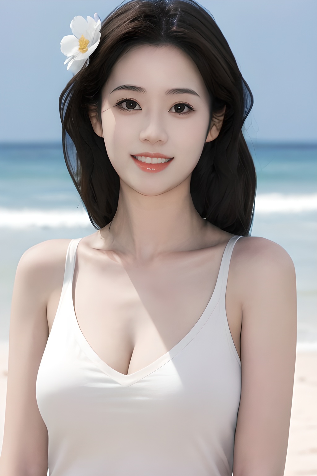 <lora:0827_04:0.7>simple background, 1girl,flower,brown hair,realistic,looking at viewer,hair flower,outdoors,sleeveless,hair ornament,shirt,breasts,smile,day,beach,solo,sleeveless shirt,masterpiece,best quality,picture-perfect face,ultra realistic 8k cg,(cleavage:1.2),, 1girl,realistic,masterpiece, best quality, photorealistic, HDR,detail