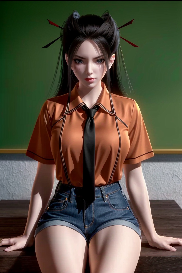 ((HRD, HUD, 8K)),((masterpiece, best quality)), highly detailed,1girl, solo, long hair, black hair, hair ornament, hair stick, black eyes, lips, red lips,(collared shirt:1.2), necktie, denim shorts,blurry background, classroom, chalkboard, sitting, cowboy shot, looking at viewer, <lora:20240516-1715819702586:0.7>