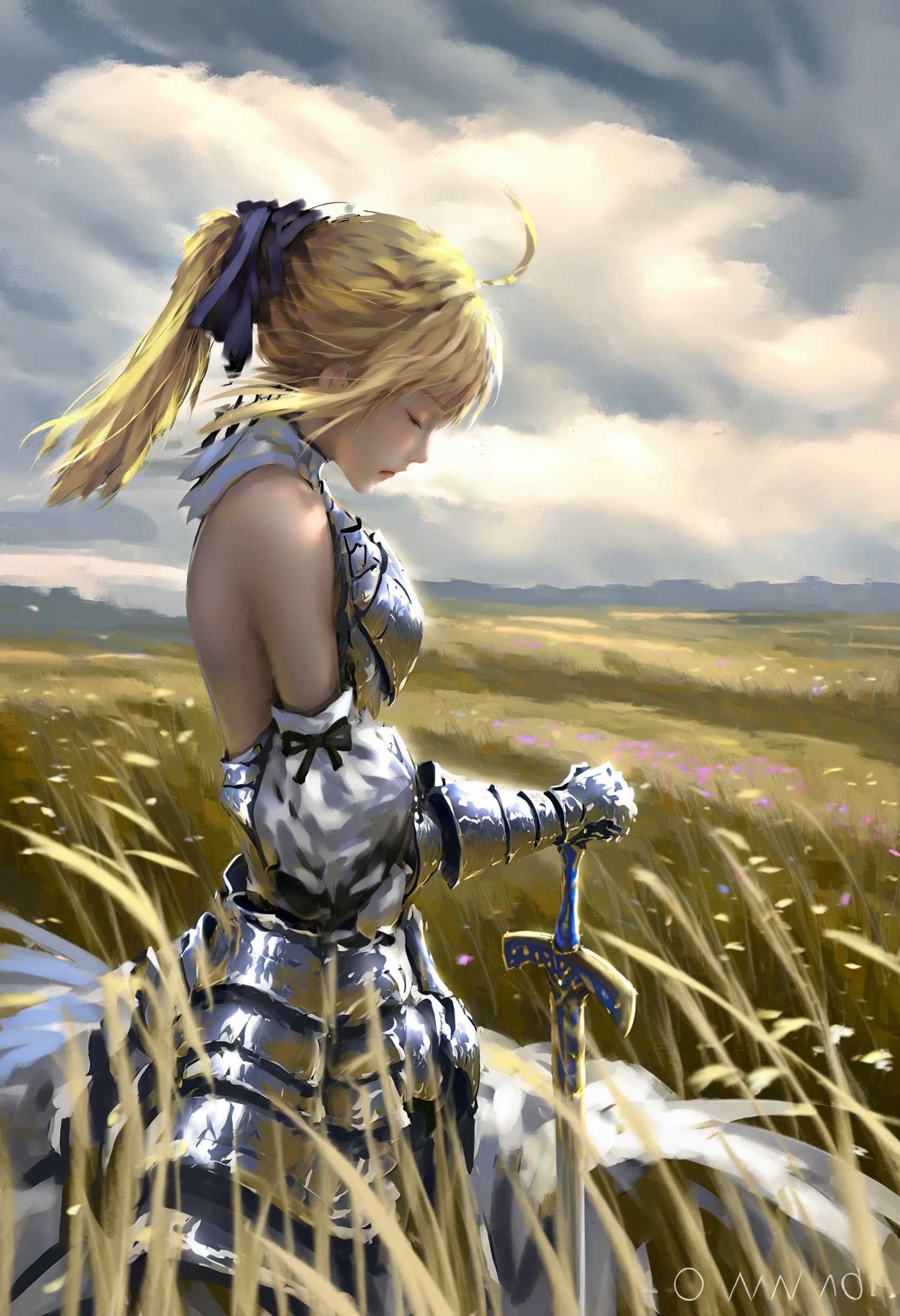 masterpiece, best quality,1girl, artoria pendragon \(fate\), saber lily,  solo, blonde hair, ahoge, ponytail, armor, closed eyes, field, sword, weapon, dress, gauntlets, detached sleeves, bare shoulders, armored dress, planted, caliburn \(fate\), planted sword, outdoors, ribbon, hair bow, bow, painterly, cloudy sky, wind, breastplate, floating hair, own hands together, white dress, puffy sleeves, praying, parted lips, puffy detached sleeves, cloud, sky, realistic <lora:wlopXLlokr4f-000187:0.95>