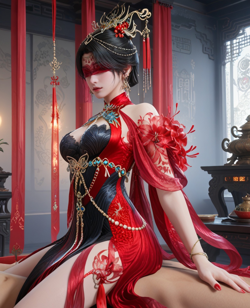 (oriental architecture, elegant decor, sophisticated style:1.1),(sitting on person:1.1),Relief,(breasts:1.2),<lora:XL16永劫无间宁红叶赤皓新囍红:0.95>,miss ninghongye,red and black tiered dress,blindfold,black hair,traditional chinese updo,hair ornament,jewelry,earrings,, score_9,score_8_up,score_7_up,score_6_up,score_5_up,score_4_up,3d rendering,tag1,tag2, Cinematic Lighting,backlighting,
