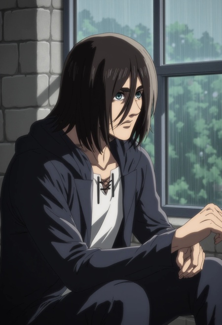 An intimate illustration of Eren Yeager sitting by a window,  rain pouring outside. His long hair falls around his face,...