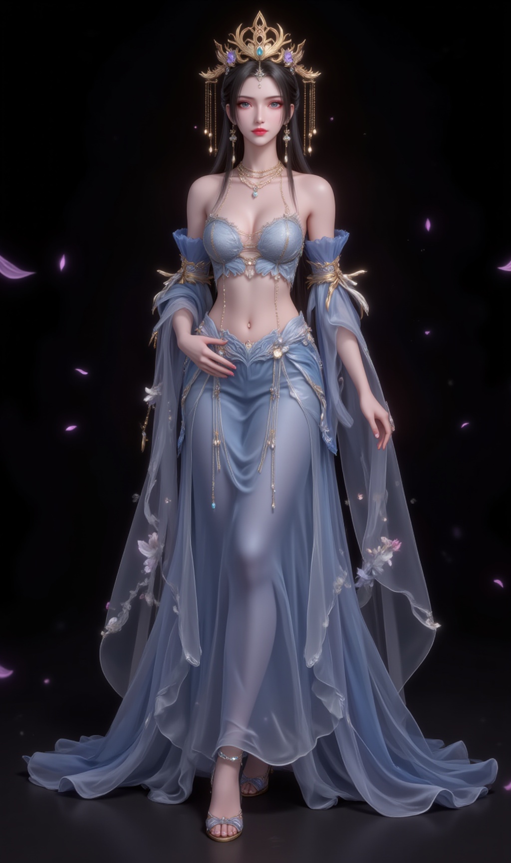 <lora:汉服比基尼·人物百搭款7:1.1>,fuzhuang,1girl,solo,jewelry,dress,skirt,necklace,earrings,bare shoulders,navel,blue dress,hair ornament,(full body:1.1),high_heels,black_background,<lora:李慕婉·衣服百搭款6:1.1>,limuwan,black hair,long hair,grey eyes,jewelry,earrings,crown,phoenix_crown,cover,gradient background,close-up details,outstanding style,adding a touch of dimension to your images without compromising details,close-up,<lora:DJ滤镜_2.5D版:0.3>,lvjing,<lora:油画唯美滤镜15:0.2>,baoshi,