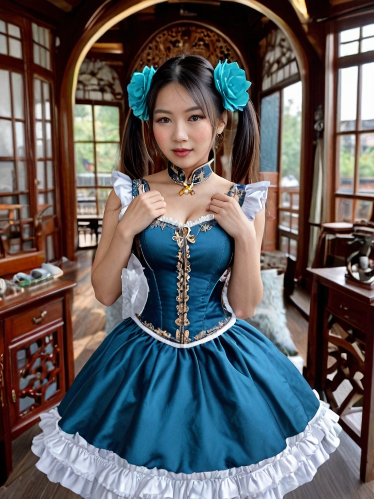 a beautiful young asian woman with deep blue eyes wearing a sexy steamlolita outfit on Tensor.Art