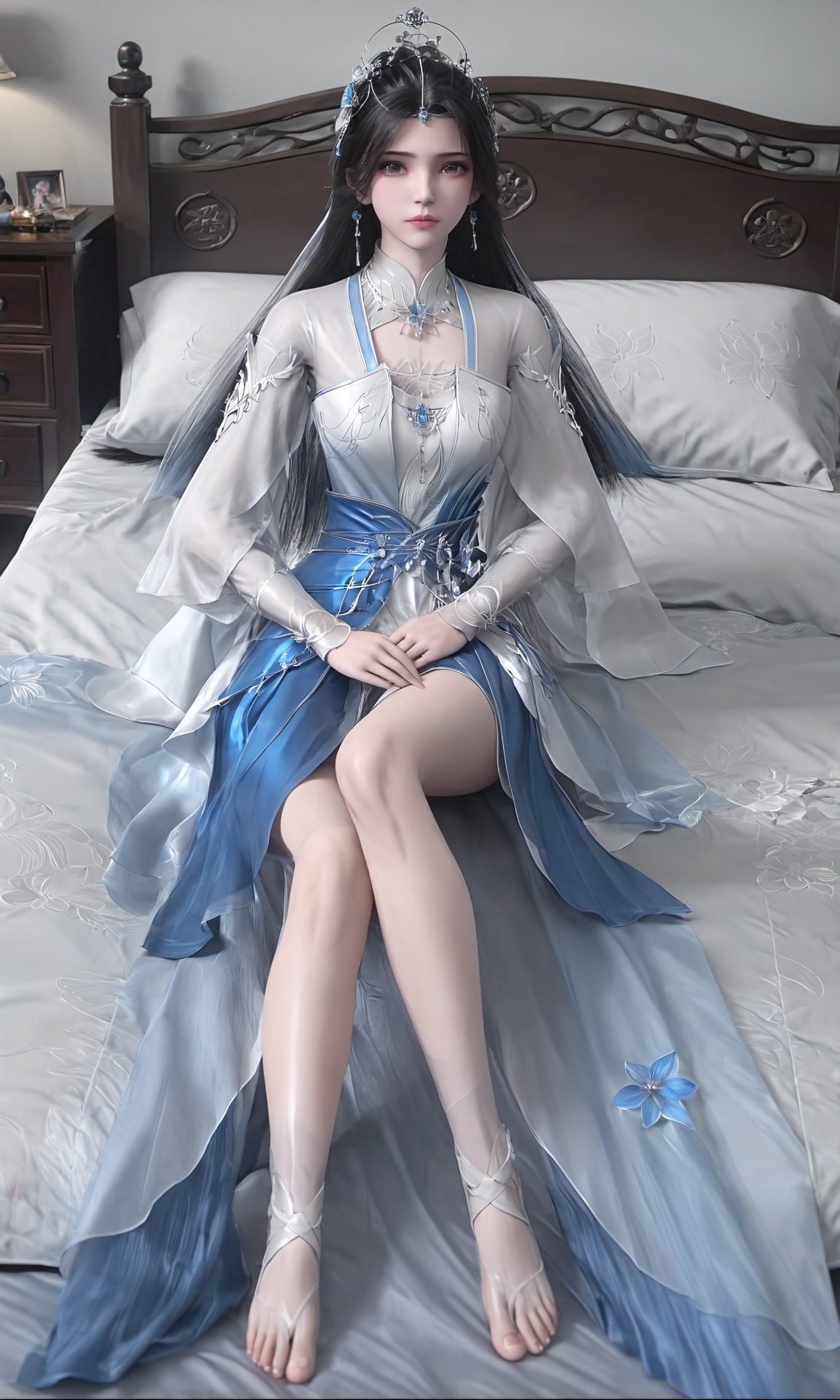 Limuwan,front view of a girl with long black hair wearing white tulle and  blue long skirt,(lying down:1.1),lying on the bed,bare legs,highly detailed,ultra-high resolutions,32K UHD,best quality,masterpiece,reflective,in the bedroom,<lora:国漫千幻 仙逆-李慕婉（新建模）19:1>,