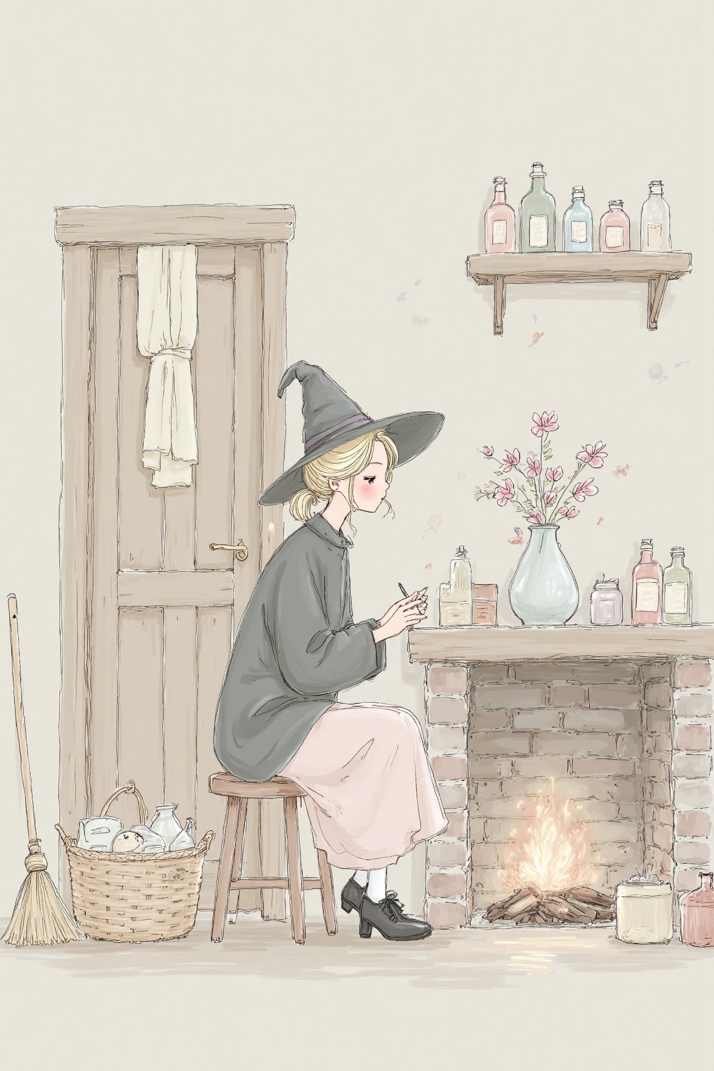 beijihui,A drawing of a witch sitting on a stool in front of a fireplace. She is wearing a black pointed hat,a gray long sleeve shirt,and a white skirt. Her blonde hair is tied back in a ponytail. Her eyes are closed,and she is holding a pen in her right hand. Her left hand is resting on her hip. The fireplace is made of brick,and there is a vase with flowers in it on the mantle. To the left of the fireplace is a wicker basket with a broom in it,and to the right of the basket is a wooden door with a white curtain hanging from it. Above the door is a shelf with bottles and jars on it.,