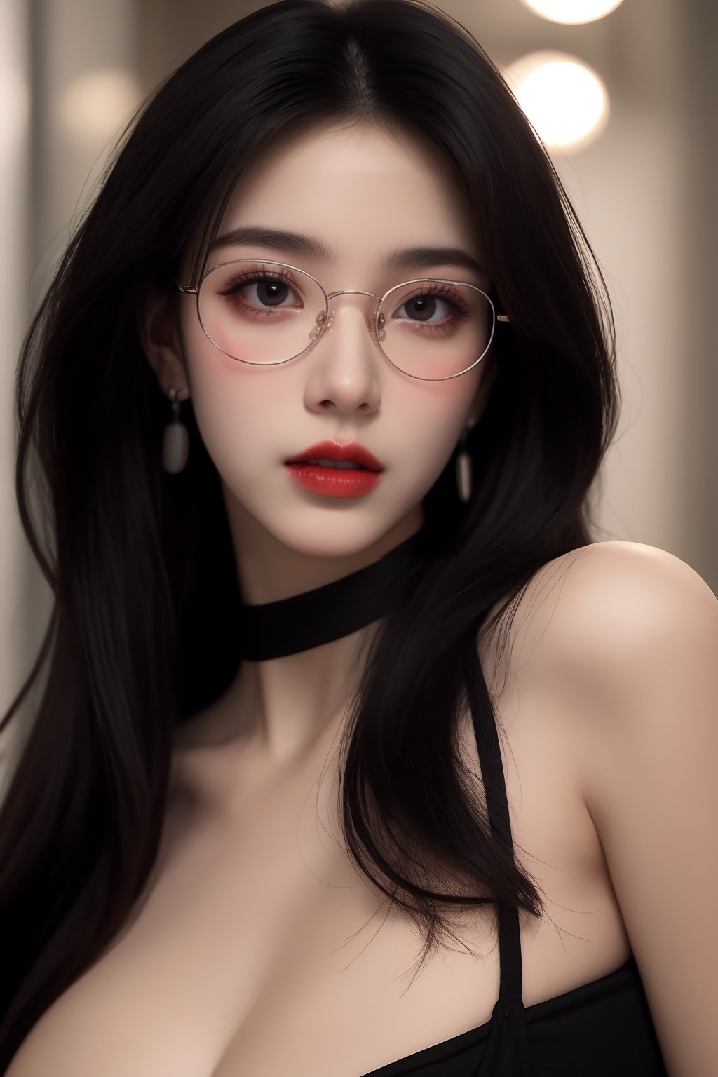 1girl, black choker, black hair, blurry, blurry background, blurry foreground, breasts, choker, cleavage, collarbone, depth of field, earrings, glasses, jewelry, large breasts, lips, long hair, looking at viewer, red lips, solo focus <lora:御姐:1>