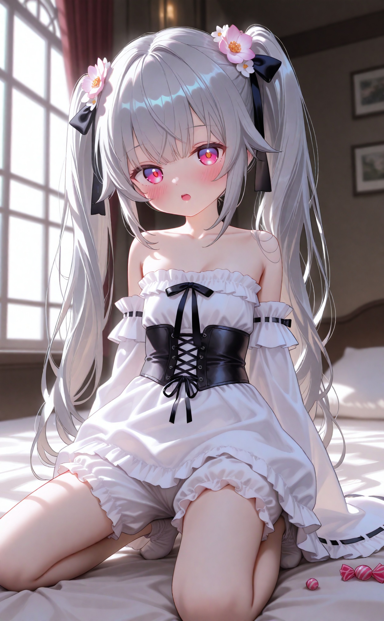 masterpiece,absurdres,best quality,high quality,chromatic_aberration,loli,1girl, solo, long hair, kneeling, fish, hair ornament, looking at viewer, dress, food, very long hair, twintails, candy, flower, hair flower, pink eyes, finger to mouth, bare shoulders, ribbon, red eyes, frills, blush, underwear, grey hair, window, bloomers, corset, purple eyes, collarbone, lolita fashion, strapless, detached sleeves, wide sleeves, open mouth <lora:Lifel-000030:1>