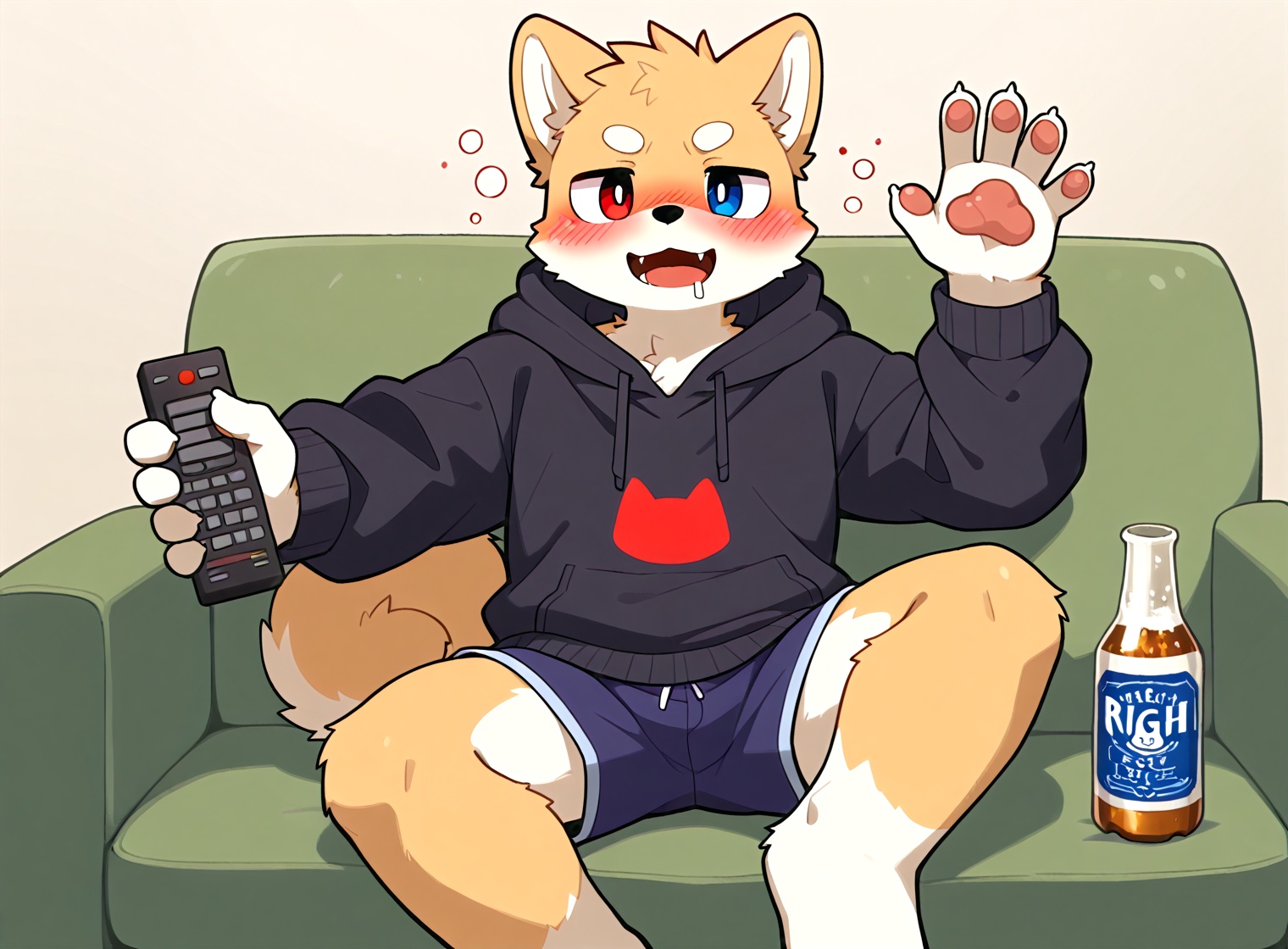 1boy,solo,furry,anthro,tail,blush,looking_at_viewer,red right eye,blue left eye,heterochromia,shiba dog,wearing black hoodie and prussian blue shorts,yellow shiba furry boy,paw,((raising right hand and holds remote control towards viewer)),left hand holding glass bottle beer and drinking on mouth,sitting on sofa,drunk,