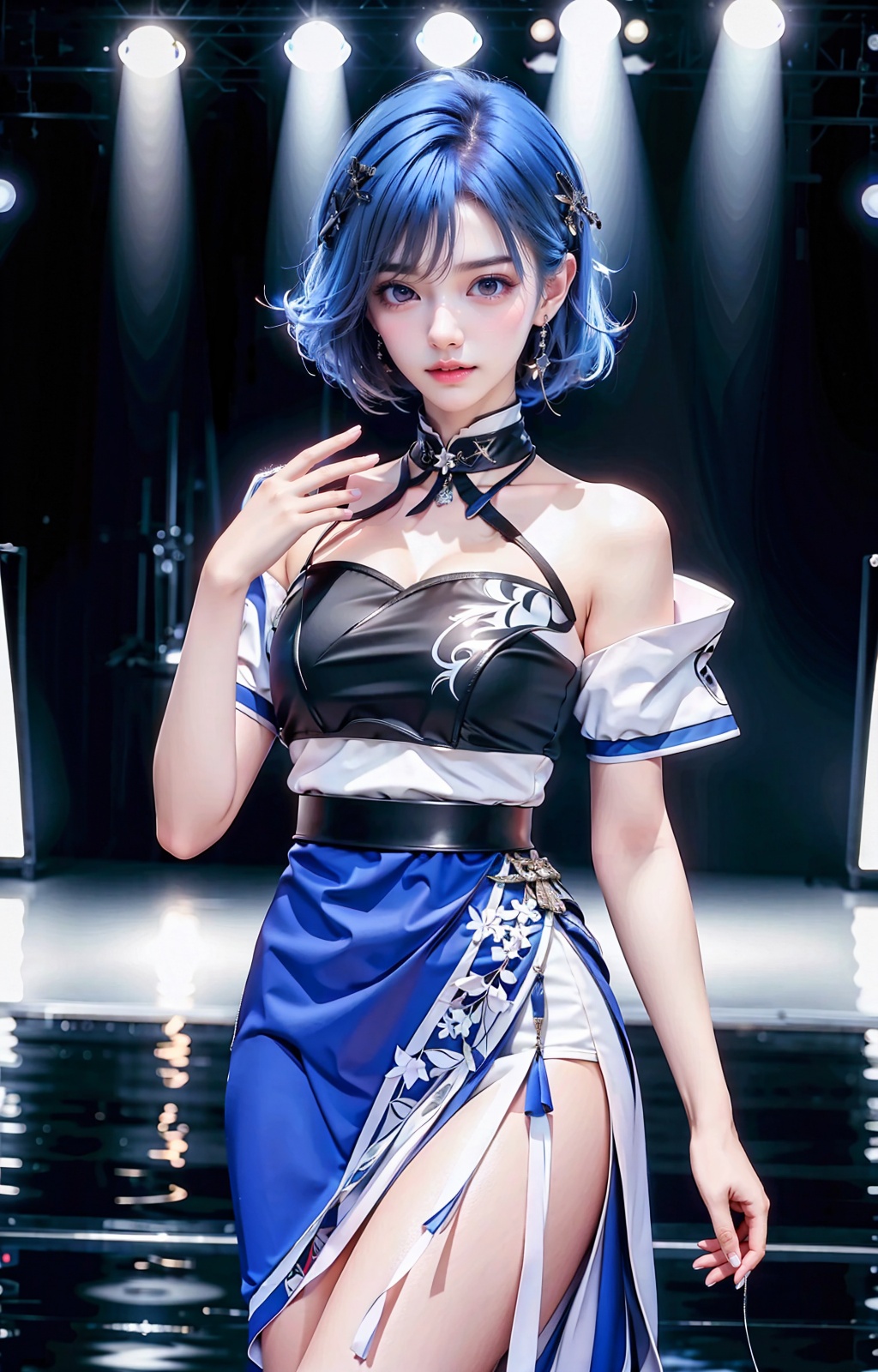 a woman with blue hair and a black and white outfit on a runway with lights behind her and a spotlight behind her,Ayami Kojima,fashion,a statue,bauhaus,absurdres,highres,wallpaper,colorful,thick eyebrows,pupils,bright_pupils,makeup,eyeshadow,lipstick,long_eyelashes,mascara,face_focus,eyes_focus,front view,looking_at_viewer,<lora:王者荣耀-镜:0.9>,