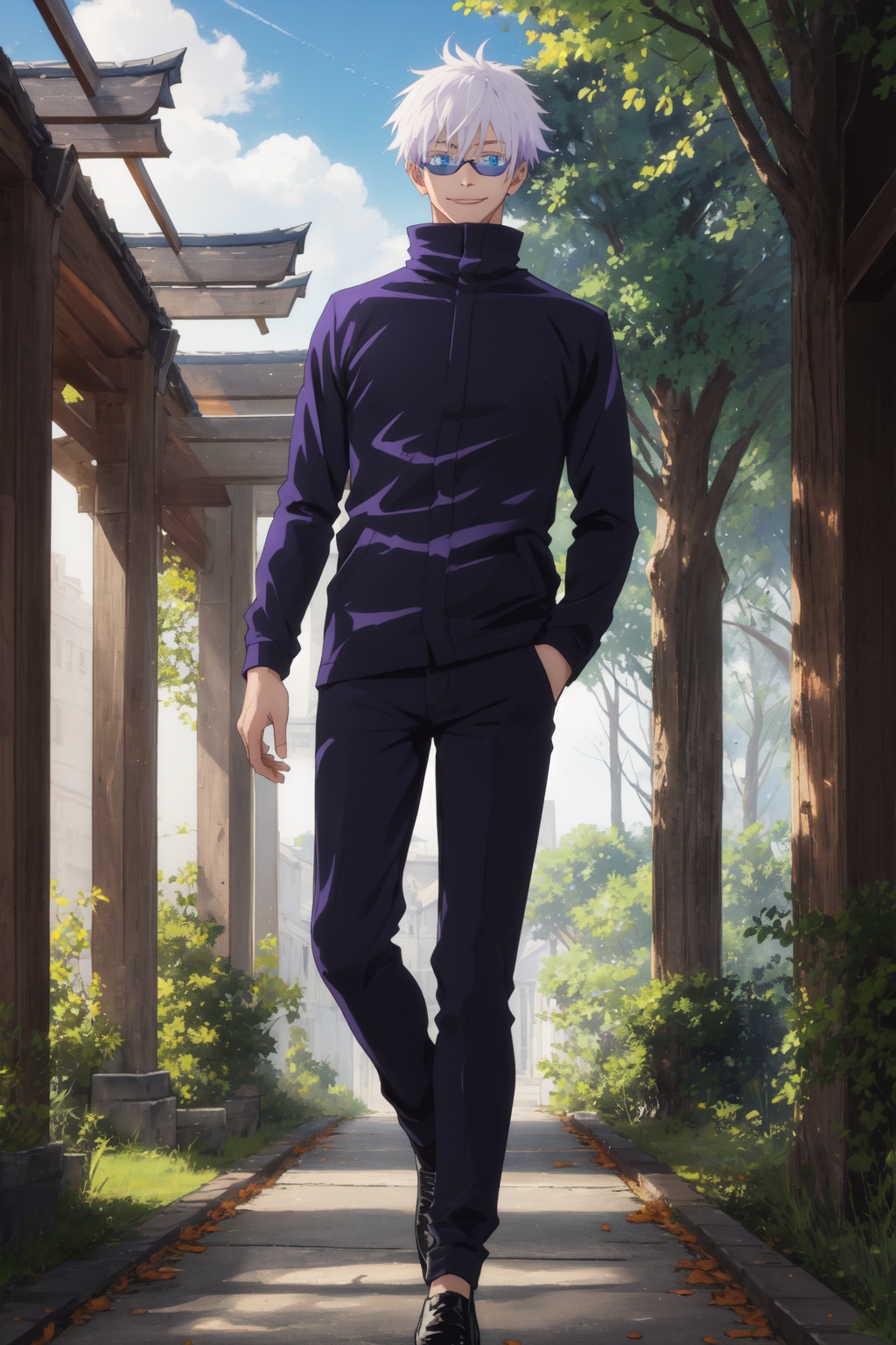 <lora:Satoru-000015:0.9>,Satoru CYQL,1boy,looking at viewer,solo,male focus,white hair,short hair,hair between eyes,blue eyes,sunglasses,round eyewear,jacket,black jacket,pants,black pants,long sleeves,smile,black footwear,high collar,shoes,cowboy_shot,foreshortening,Dense trees intertwine to form a dark green canopy, where sunlight struggles to penetrate. Winding forest paths lead through, and occasional beams illuminate mushrooms and ferns,beautiful detailed sky,beautiful detailed glow,posing in front of a colorful and dynamic background,masterpiece,best quality,beautiful and aesthetic,contrapposto,female focus,wallpaper,