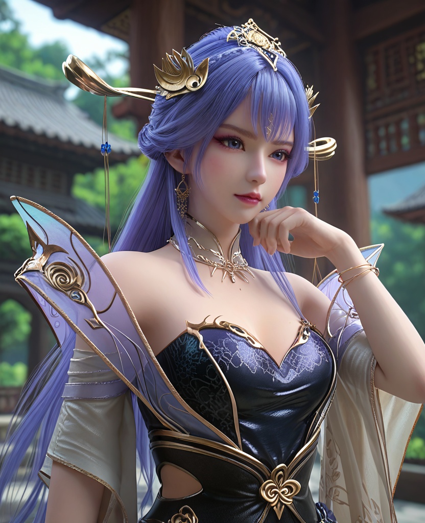 (oriental architecture, elegant decor, sophisticated style:1.1),(chin in hand:1.1),(breasts:1.2),<lora:XL百炼成神天穹:0.9>,miss tianqiong,jewelry,long hair,hair ornament,bangs,blue hair,dress,earrings,bare shoulders,purple eyeshadow,blue eyes,bracelet,cleavage,detached collar,, zPDXL2, score_9, score_8_up, score_7_up BREAK realistic, masterpiece,best quality, highly detailed,, zPDXL3, zPDXL2,zPDXL, zPDXLxxx, zPDXLrl,