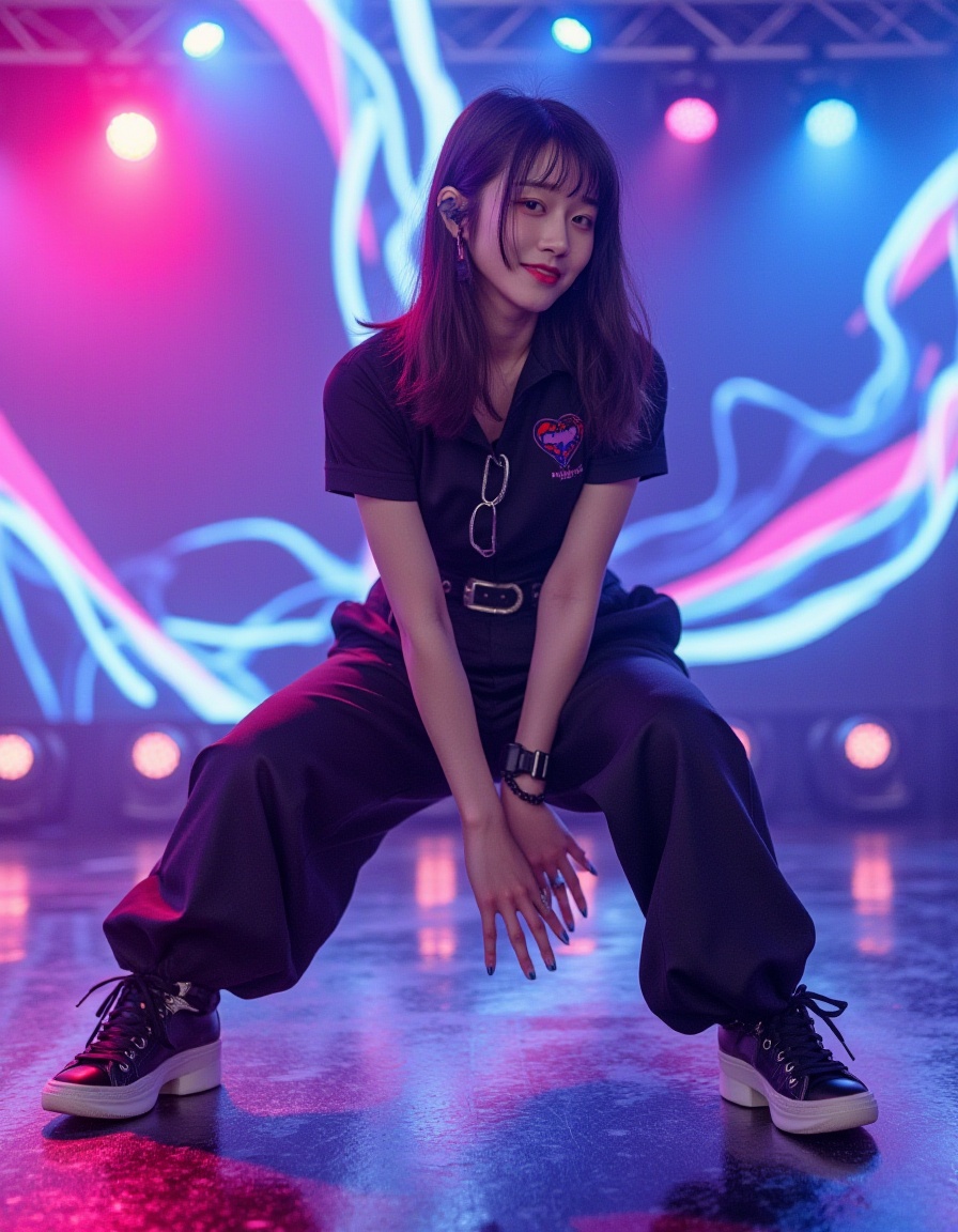 A highly stylish and trendy young South Korean woman, embodying modern fashion aesthetics, performs intricatecontemporary hip-hop (breaking/robot) moves on stage. She's executing dynamic "riding" or robotic precision stepswith energetic footwork.She is equipped with a sleek earpiece microphone, ensuring her voice flows clearly amidst the vibrant performance.Her expression is playful and mischievous ("naughty smile", "twinkling eyes"), capturing that unique blend ofconfidence and fun during her dance routine. She appears mid-move or strikingly poses in this energetic moment.The stage background features a dynamic LED screen displaying abstract patterns, adding to the visual excitement.The lighting design is crucial – sharp spotlights carve out dramatic silhouettes, while vibrant colors, perhapseven some subtle holographic or glowing elements, highlight her form and create stunning reflections off themetallic props often used in breaking/robot style.The overall image should be a captivating digital illustration with strong contrasts, emphasizing the dynamicenergy of her performance and the impressive visual impact generated by the lighting effects. Style: Modern K-Popstage aesthetic meets contemporary street fashion and breakdance/robot dance precision.