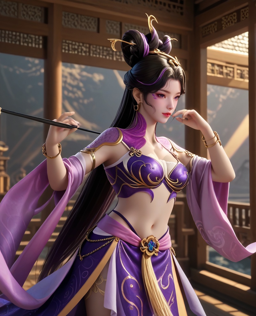 (oriental architecture, elegant decor, sophisticated style:1.1),(fishing stance:1.1),(breasts:1.2),<lora:XL16牧神记付磬允:0.95>,miss fuqingyun,purple belly dance bra,purple tiered high-low skirt with train,purple eyes,facial mark,black hair,streaked hair,looped bun with tresses,very long hair,hair ornament,jewelry,hagoromo,bracelet,, score_9,score_8_up,score_7_up,score_6_up,score_5_up,score_4_up,3d rendering,tag1,tag2, Cinematic Lighting,backlighting,