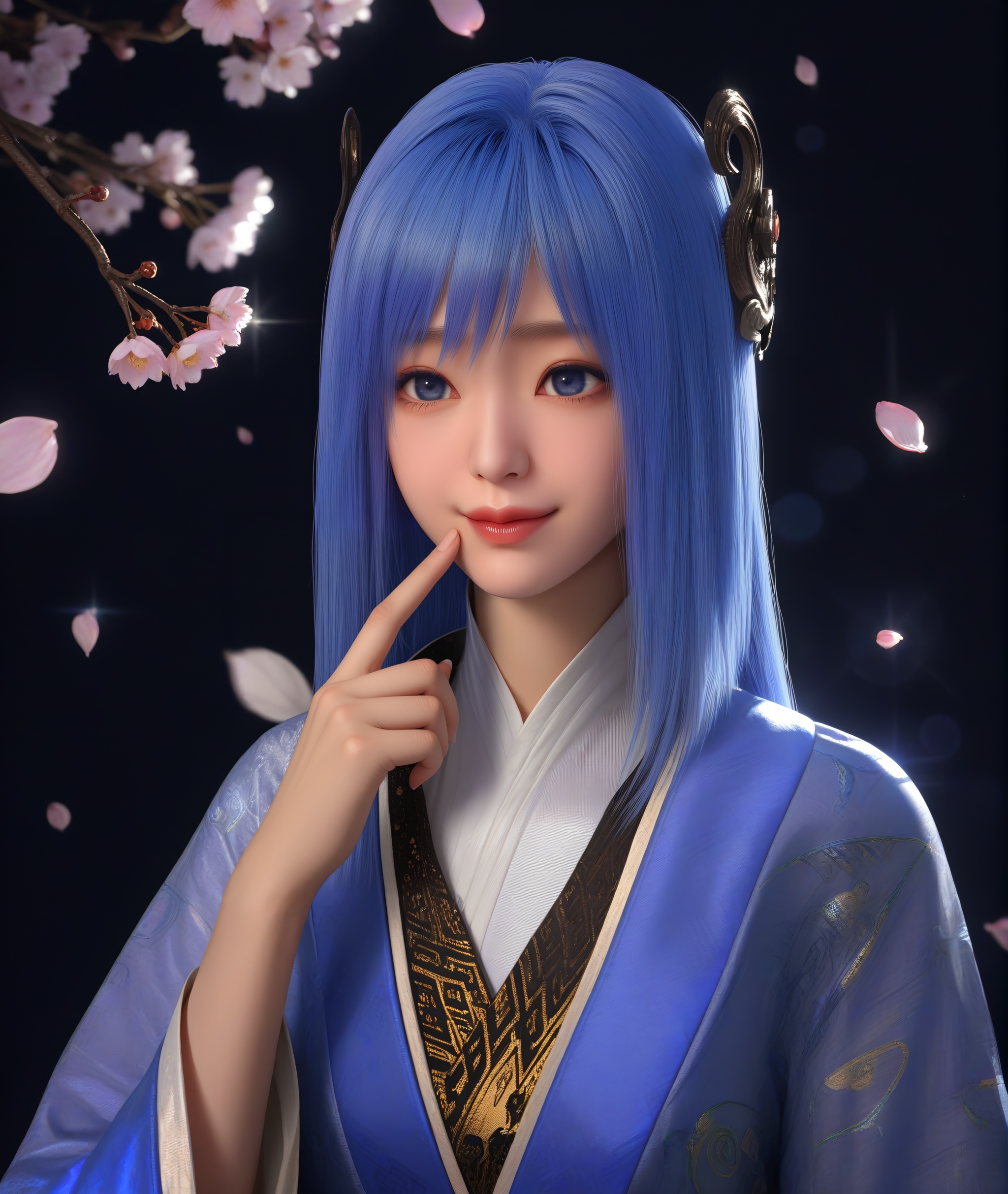 (score_9),cute,narrow waist,(glamor:1.1),<lora:蓝葵-ill-000008:0.85>,1girl,solo,blue hair,long hair,blue eyes,hair crown,lankui,chinese clothes,hanfu,chinese embroidery,layered design,collarbone,looking at viewer,upper body,realistic,(fingersmile),BREAKtwig,branch,falling petals,simple background,black background,rim light,Volumetric Lighting,lens flare,Tyndall effect,depth of field,bokeh,sparkle,