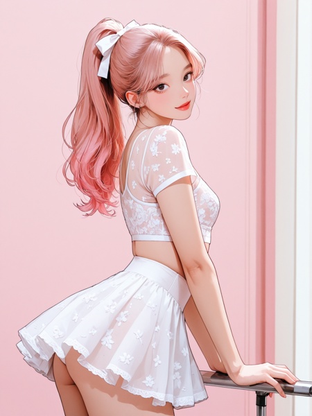 masterpiece, very awa, very aesthetic, newest,best quality, amazing quality, delicate,realistic, retro mood, flat, k-illustration, manhwa, webtoon,ballet studio, detailed background,balletcore, lace light pink short sleeve croptop, wrap ballet skirt|hotpants, gorgeous girl, mixed beauty, ulzzang face, kpop idol,sleek high ponytail hair with ribbon,looking at viewer