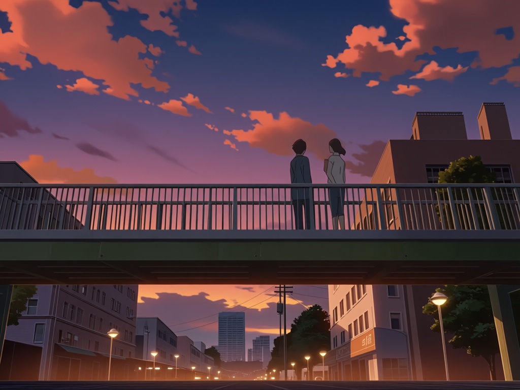 In this wide 16:9 anime scene,  the shot is framed from a low angle looking up at an elevated pedestrian footbridge extend...