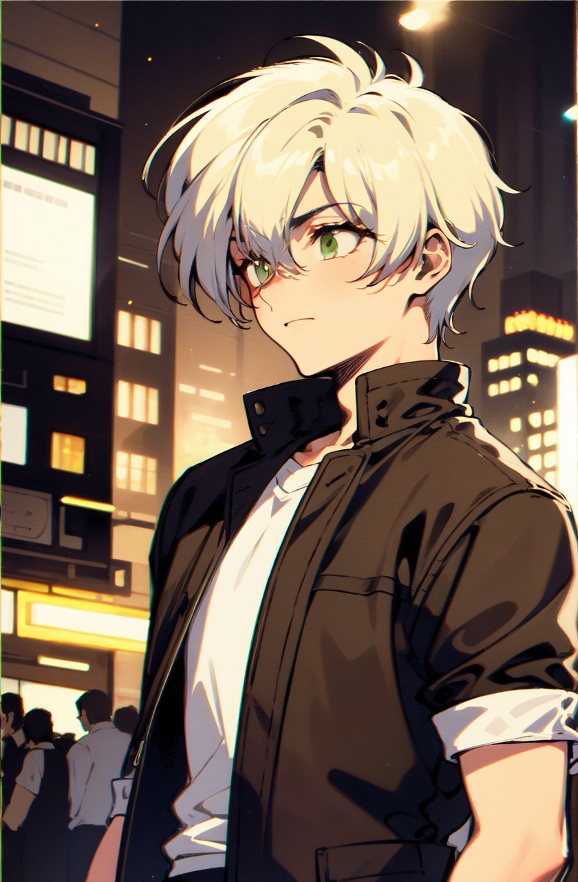 ultra highres,masterpiece,best quality,short hair,green eyes,white hair,bokeh,depth of field,open jacket,cityscape,night,1boy,spiked hair, portrait,walking,looking away,1990s \(style\),(retro artstyle:1.2),