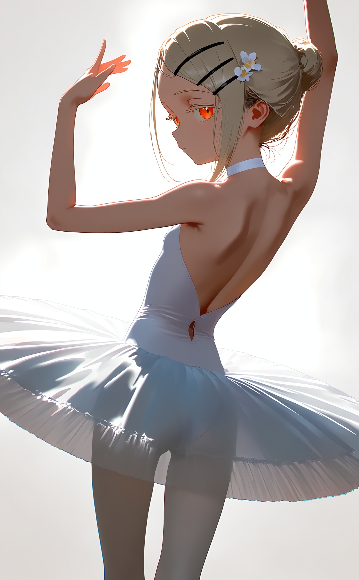 masterpiece,absurdres,best quality,high quality,chromatic_aberration,loli,petite,//,shinosawa_hiro,1girl,ballerina,ballet,tutu,solo,hair ornament,white background,bare shoulders,hair bun,simple background,hairclip,dancing,looking at viewer,small breasts,standing,orange eyes,dress,sidelocks,blonde hair,breasts,looking back,single hair bun,ballet slippers,feet out of frame,bare arms,back,from behind,pantyhose,white pantyhose,closed mouth,white dress,arm up,circle skirt,flower,leotard,hair flower,red eyes,arms up,expressionless,skinny,grey hair,short hair,shoulder blades,backless outfit,//,,<lora:nyalia22——【noob】hans:1>,