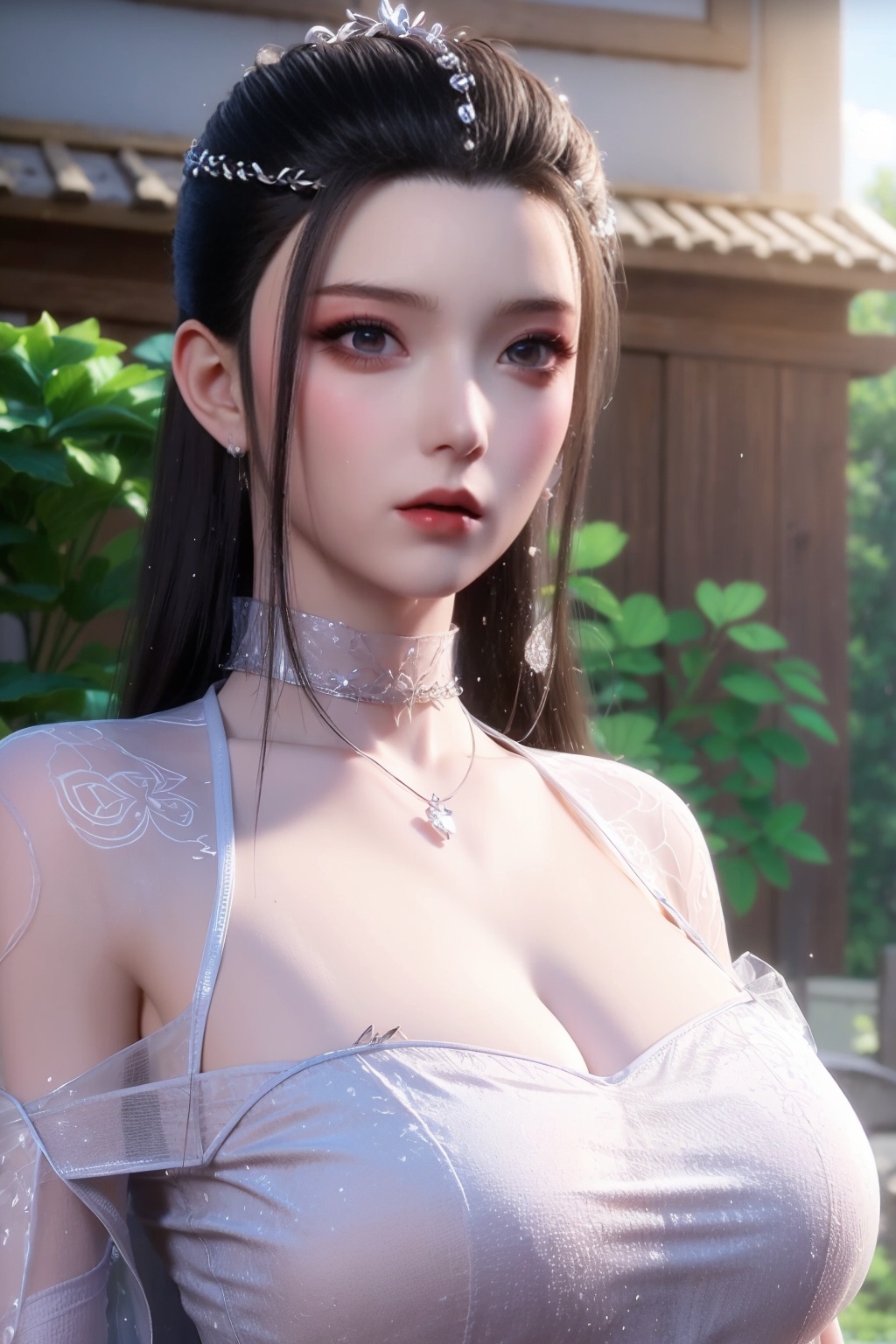 (8k, RAW photos, best quality, surrealist style, masterpiece:1.2),sunlight shining on the body and reflecting,realistic,highly detailed,ultra-fine painting,extreme detail description,vivid colors,huge file size,wallpaper,official art,extremely fine CG unified 8k wallpaper,(all:1.2),1girl,dress,black hair,long hair,breasts,white dress,water,solo,necklace,jewelry,large breasts,flower,wet,looking at viewer,purple eyes,cleavage,petals,see-through,wet clothes,bare shoulders,night,very long hair,choker,facial mark,<lora:小仙女v1.1:0.8>,