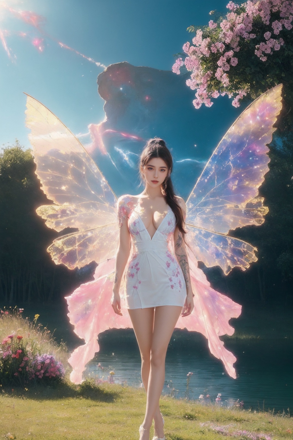 1girl,white see-through dress,short skirt,(very long legs:1.1),(legs apart:1.2),cleavage,tattoo,nebula,(painted clothes:1.3),standing,(transparent wings:1.3),high heels,high ponytail hanging down to the shoulders,lake,flowers,flowers meadows,grasslands,day,sunny sky,outdoors,<lora:Again_Style_2:1>