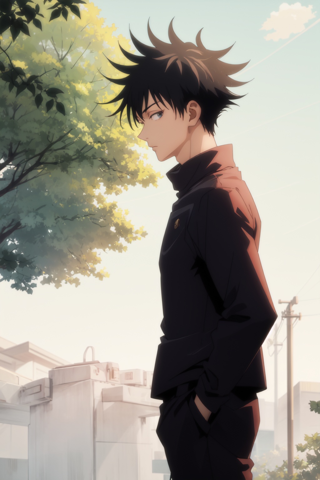 <lora:Fushiguro-000016:0.9>,Fushiguro CYQL,1boy,looking at viewer,solo,male focus,black hair,short hair,spiked hair,black eyes,school uniform,pants,jacket,long sleeves,profile,from_side,Tall bamboo stalks stand upright in close proximity, their leaves rustling softly in the breeze, while sunlight filters through the gaps, casting dappled shadows,beautiful detailed sky,beautiful detailed glow,masterpiece,best quality,beautiful and aesthetic,wallpaper,