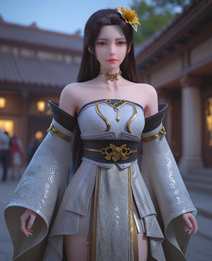 (oriental architecture, elegant decor, sophisticated style:1.1),knees to chest,(breasts:1.2),<lora:XL完美世界十六公主:0.95>,princess sixteen,solo,strapless dress,detached sleeves,wide sleeves,brown eyes,black hair,long hair,yellow hair flower,yellow heart choker,bare shoulders,sidelocks,lips,sash,white overskirt,pelvic curtain,, zPDXL2, score_9, score_8_up, score_7_up BREAK realistic, masterpiece,best quality, highly detailed,, zPDXL3, zPDXL2,zPDXL, zPDXLxxx, zPDXLrl,