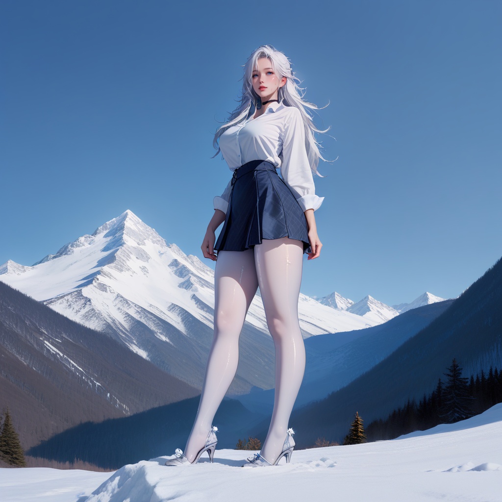 score_9,score_8_up,score_7_up,outdoors,on the snowy mountain,<lora:hyy-zx-v3:1>,hyy,1girl,curvy,thick thighs,shiny_skin,long hair,white hair,messy hair,lightblue eyes,choker,white shirt,white dress_shirt,dark_blue skirt,(white pantyhose:1.1),high_heels,pantylines,crystal footwear,sweat,stylish_pose,